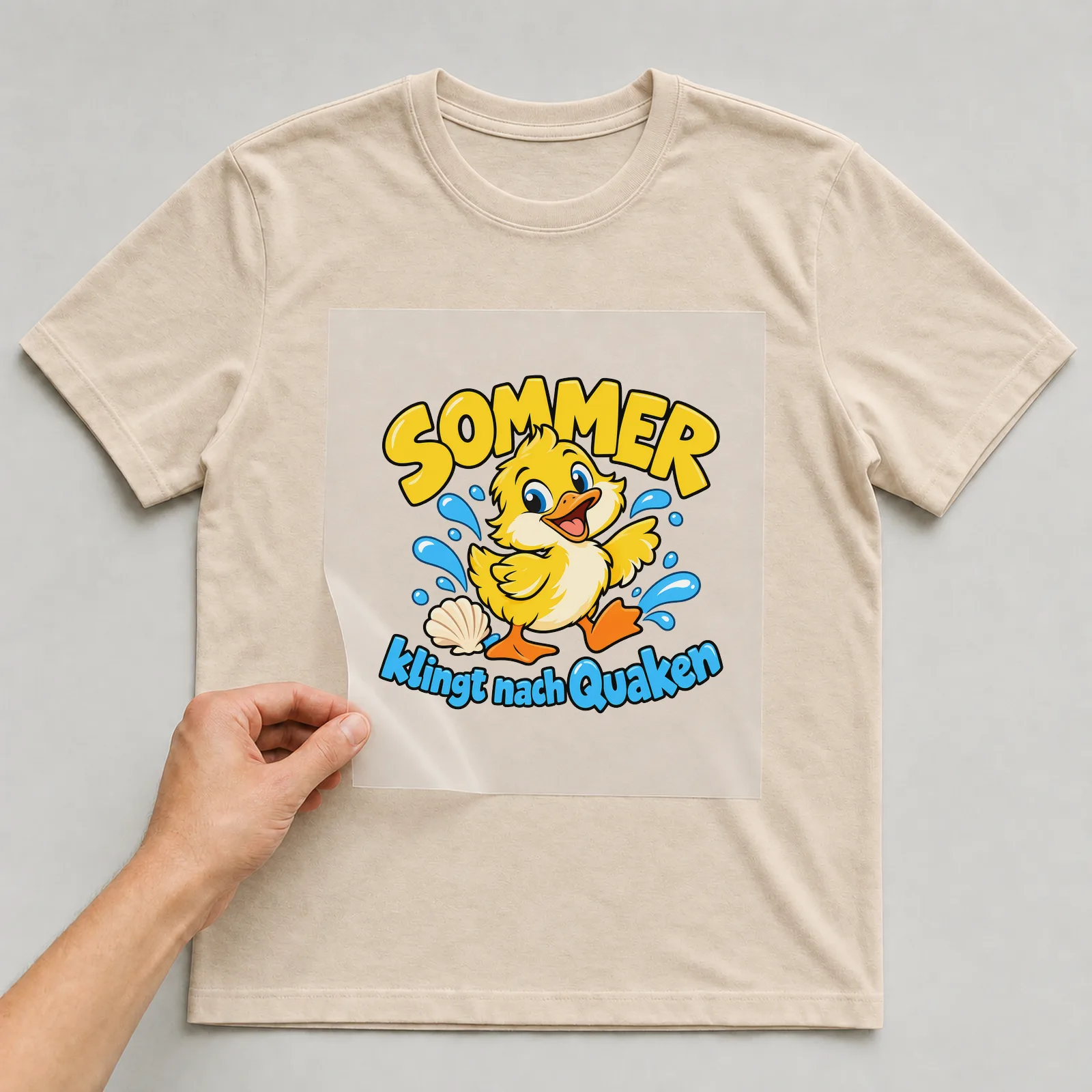 Bügelbild „Sommer klingt nach Quaken“ auf beigem T-Shirt, Folie wird aufgelegt