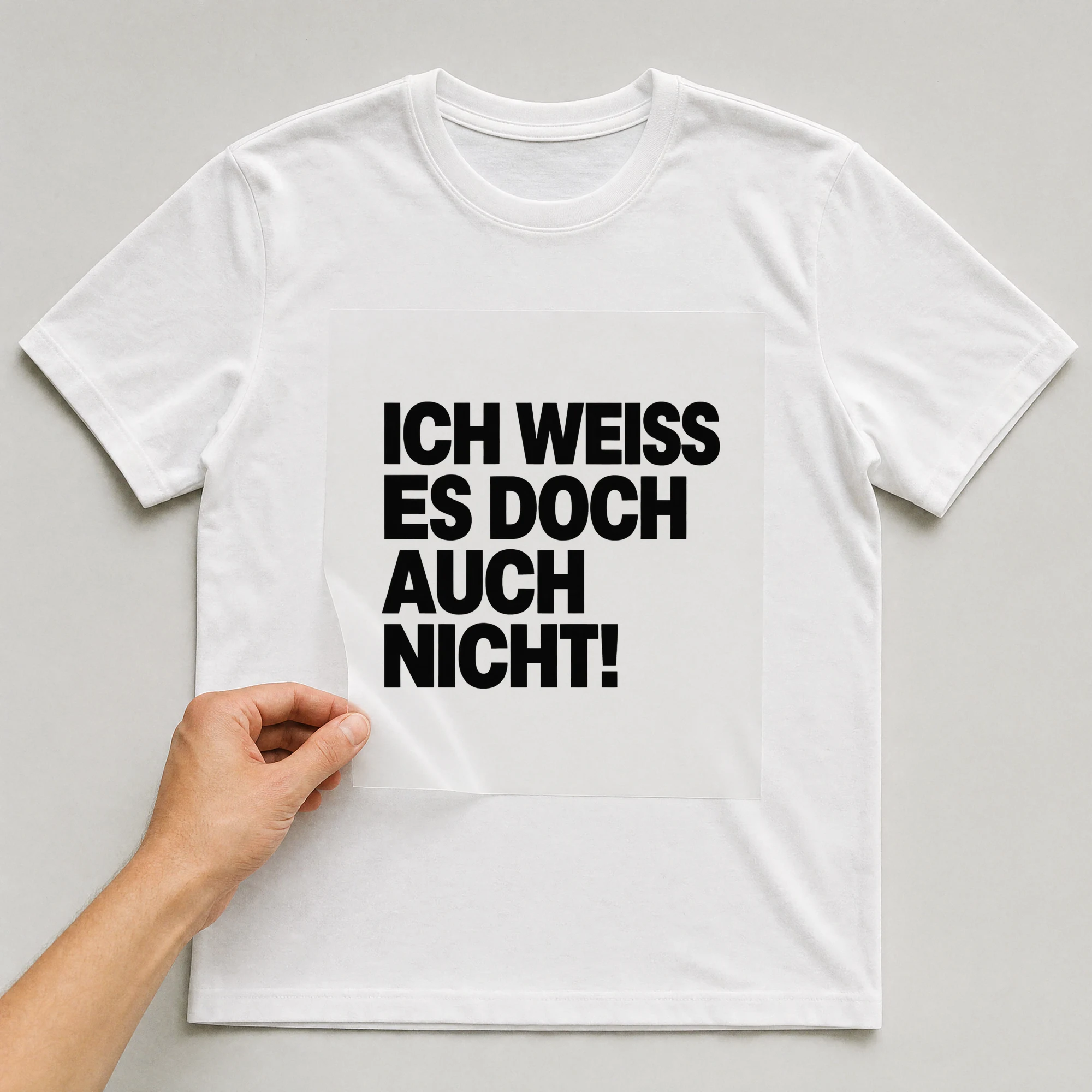Bügelbild „ICH WEISS ES DOCH AUCH NICHT!“ auf weißem T-Shirt, Folie wird aufgelegt