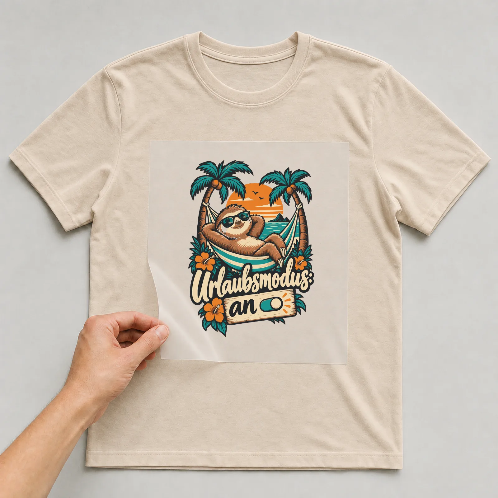 Bügelbild Urlaubsmodus: an auf beigem T-Shirt, Folie wird aufgelegt