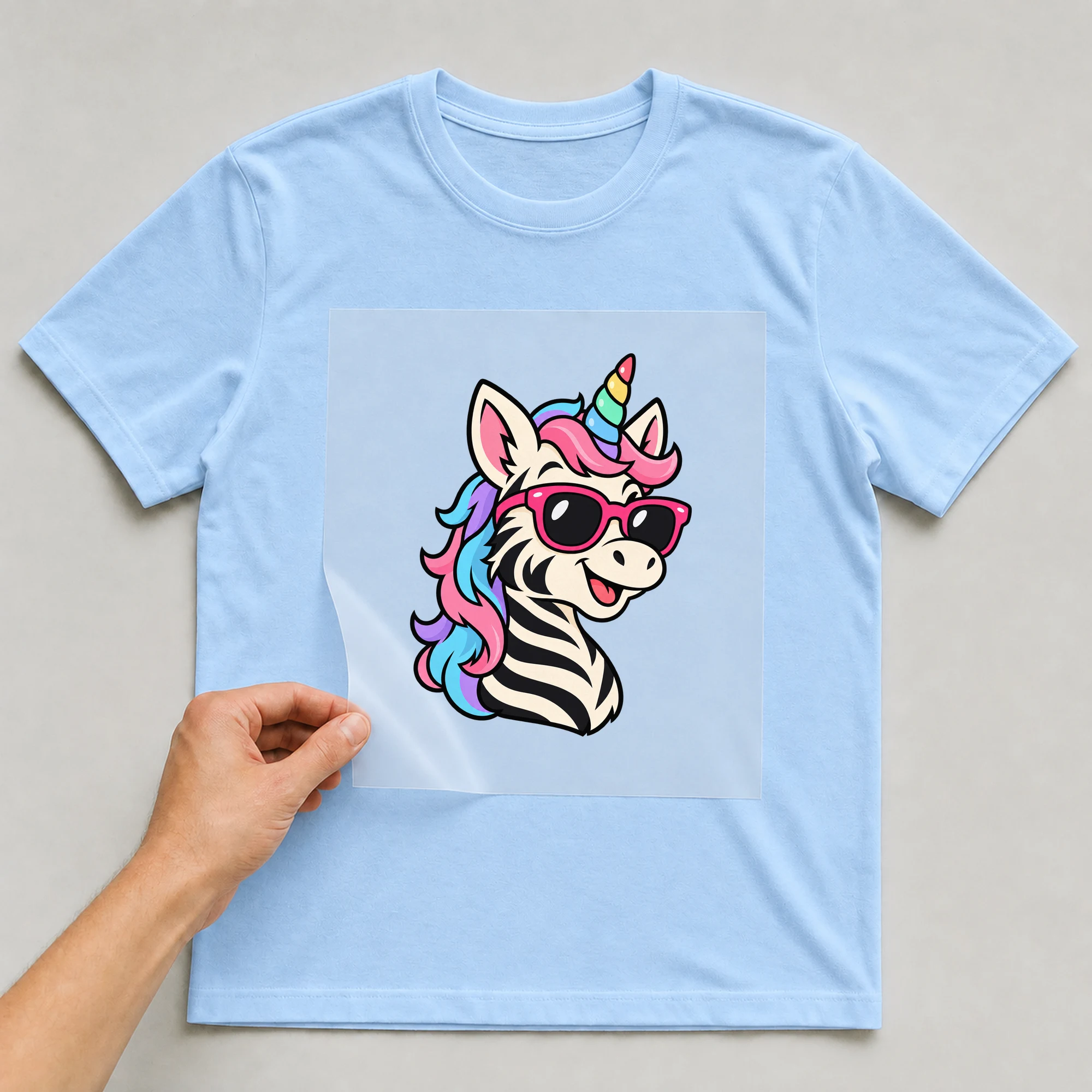 Bügelbild „Crazy Unicorn“ auf babyblauem T-Shirt, Folie wird aufgelegt