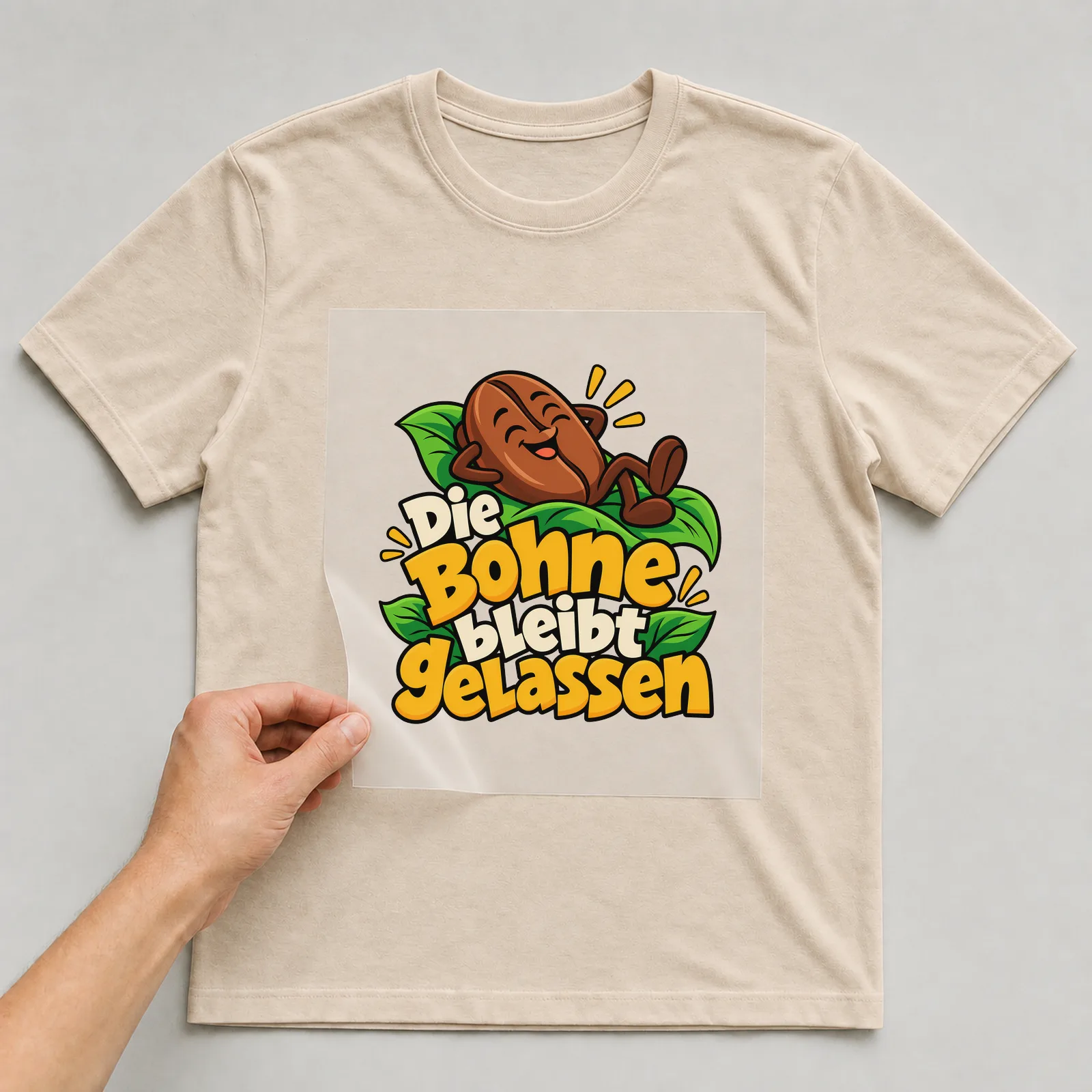 Bügelbild „Die Bohne bleibt gelassen“ auf beigem T-Shirt, Folie wird aufgelegt