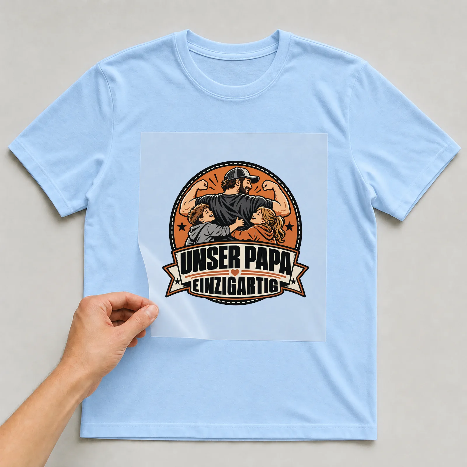 Bügelbild „Unser Papa einzigartig“ auf hellblauem T-Shirt, Folie wird aufgelegt
