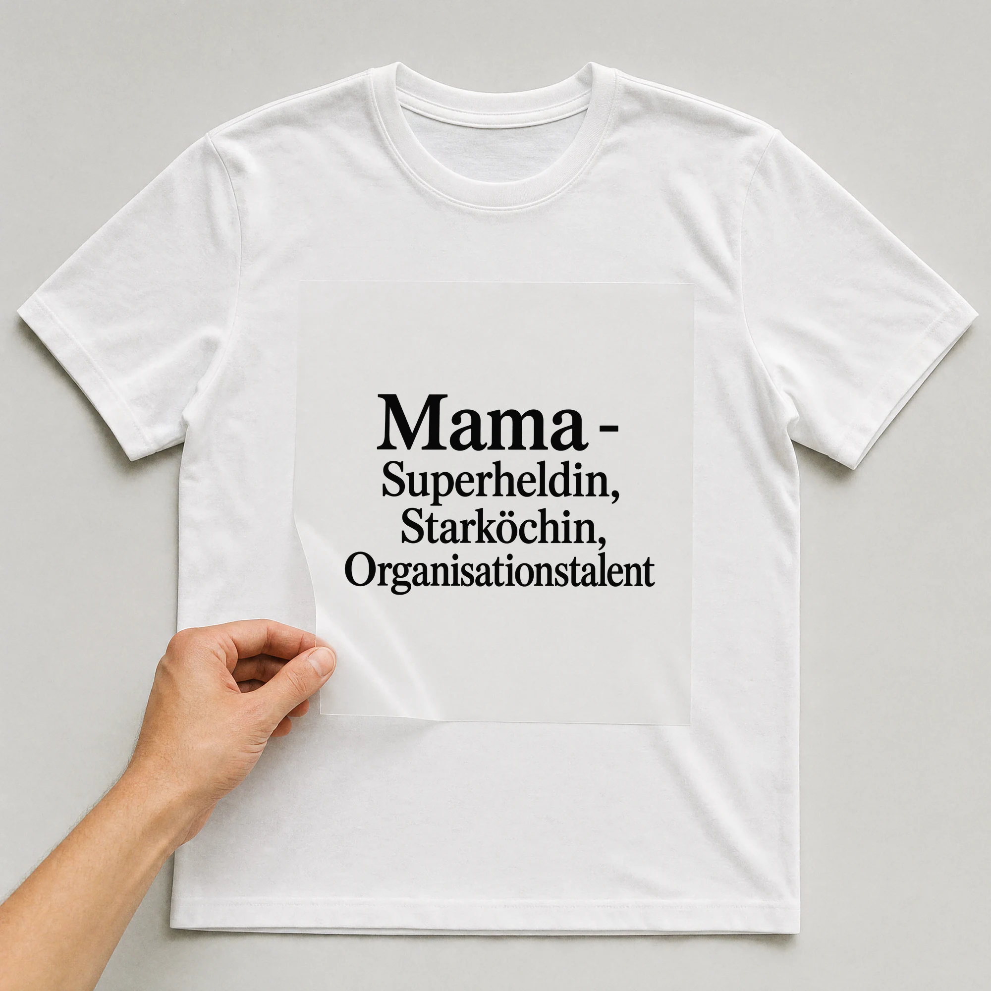 Bügelbild „Mama - Superheldin, Starköchin, Organisationstalent“ auf weißem T-Shirt, Folie wird aufgelegt