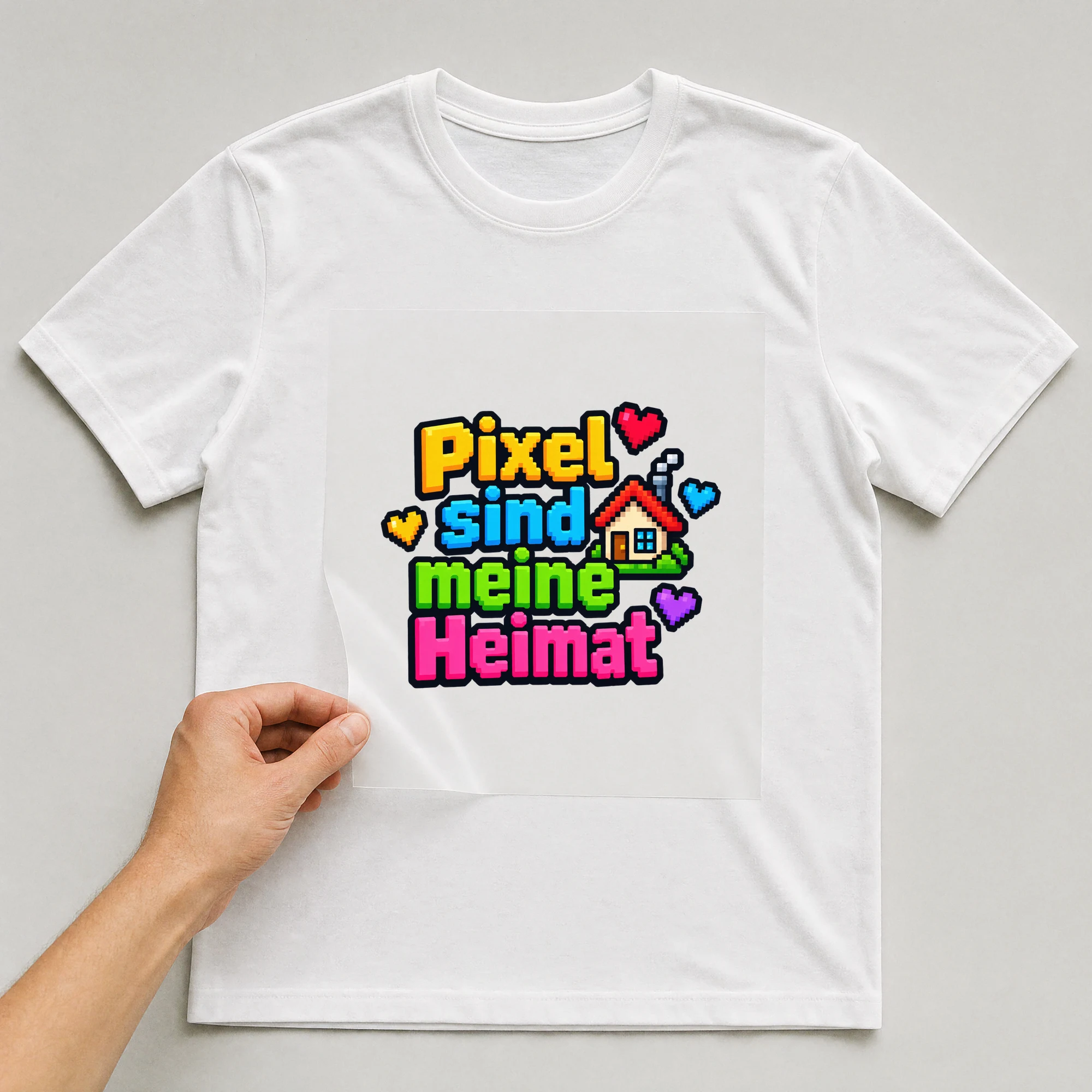 Bügelbild „Pixel sind meine Heimat“ auf weißem T-Shirt, Folie wird aufgelegt