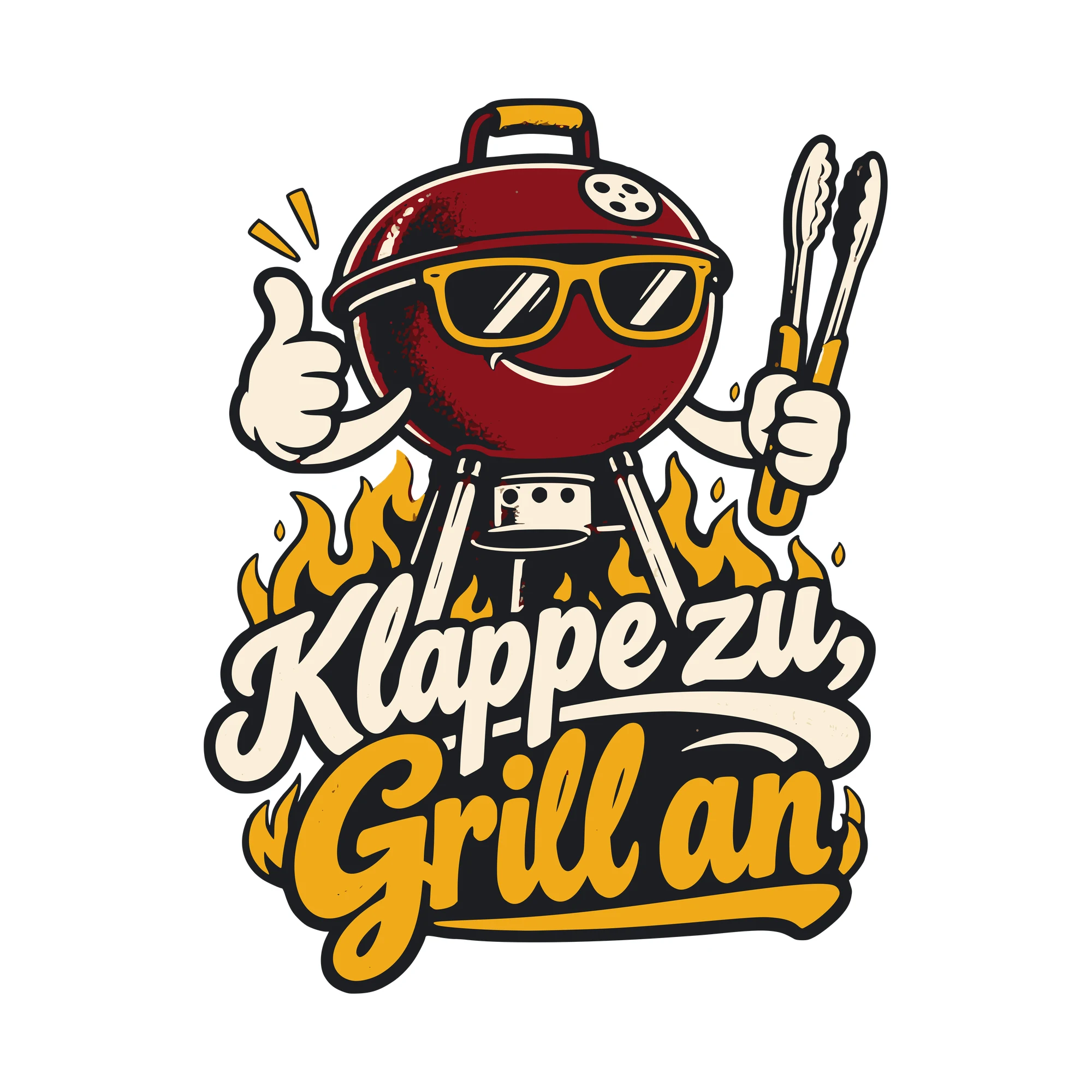 Bügelbild Klappe zu, Grill an als Grafik auf weißem Hintergrund (BB011093)