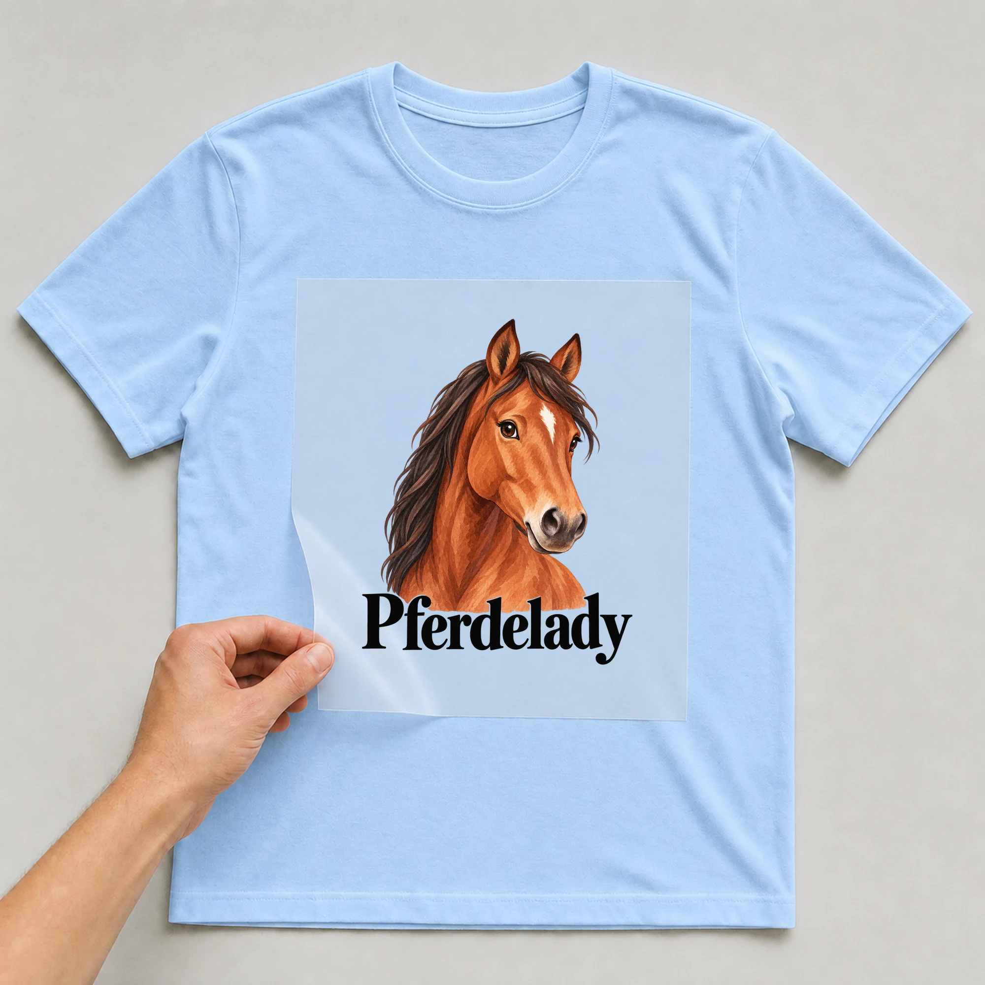 Bügelbild „Pferdelady“ auf babyblauem T-Shirt, Folie wird aufgelegt