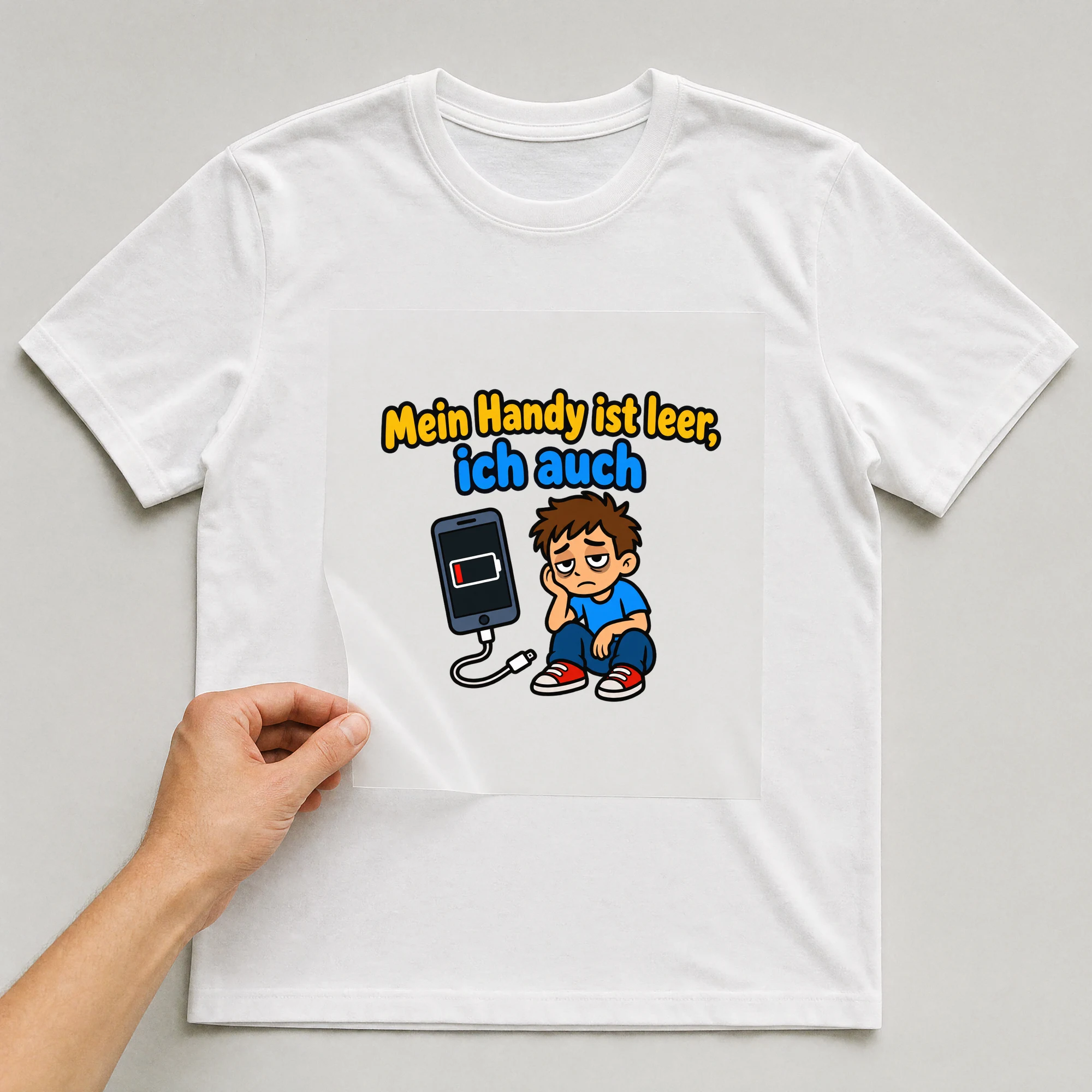 Bügelbild „Mein Handy ist leer, ich auch“ auf weißem T-Shirt, Folie wird aufgelegt