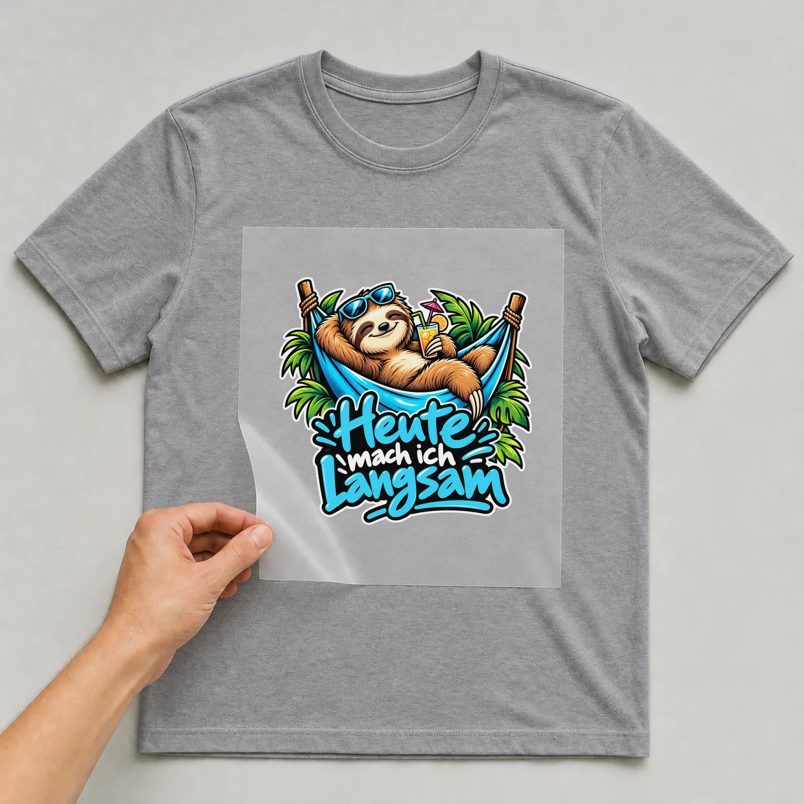 Bügelbild „Heute mach ich langsam“ auf grauem T-Shirt, Folie wird aufgelegt