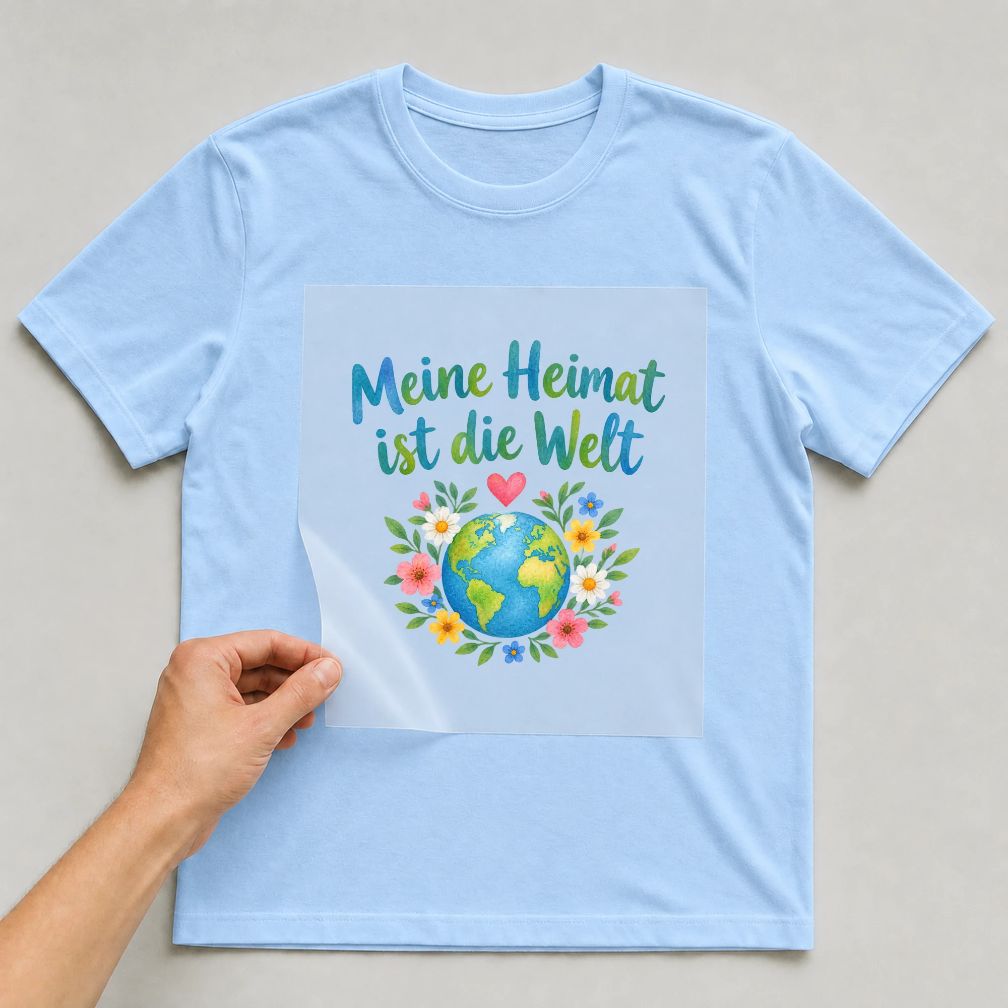 Bügelbild „Meine Heimat ist die Welt“ auf babyblauem T-Shirt, Folie wird aufgelegt