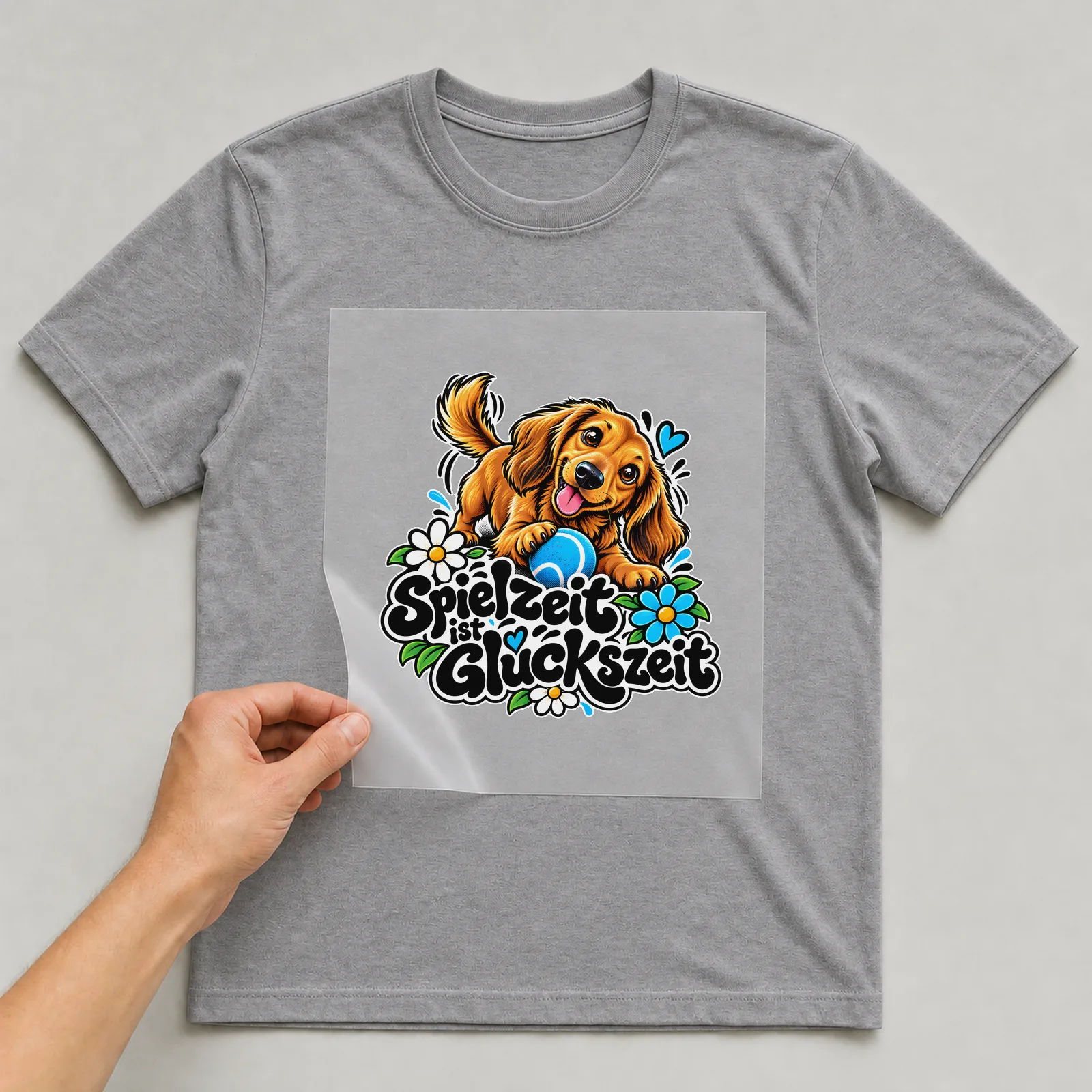Bügelbild „Spielzeit ist Glückszeit“ auf grauem T-Shirt, Folie wird aufgelegt