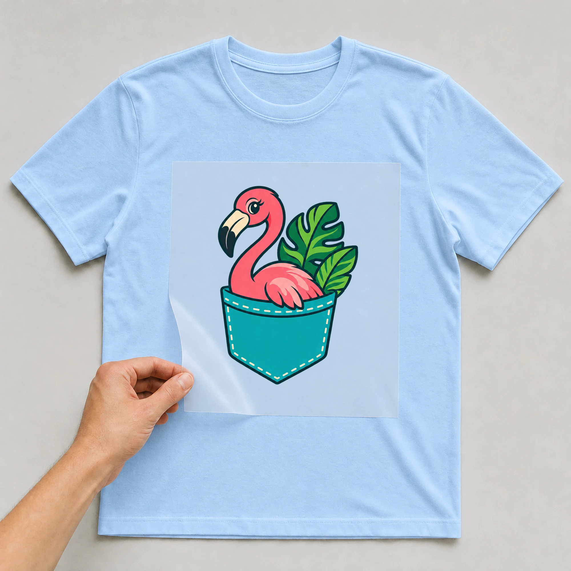 Bügelbild „Brusttasche Flamingo“ auf babyblauem T-Shirt, Folie wird aufgelegt
