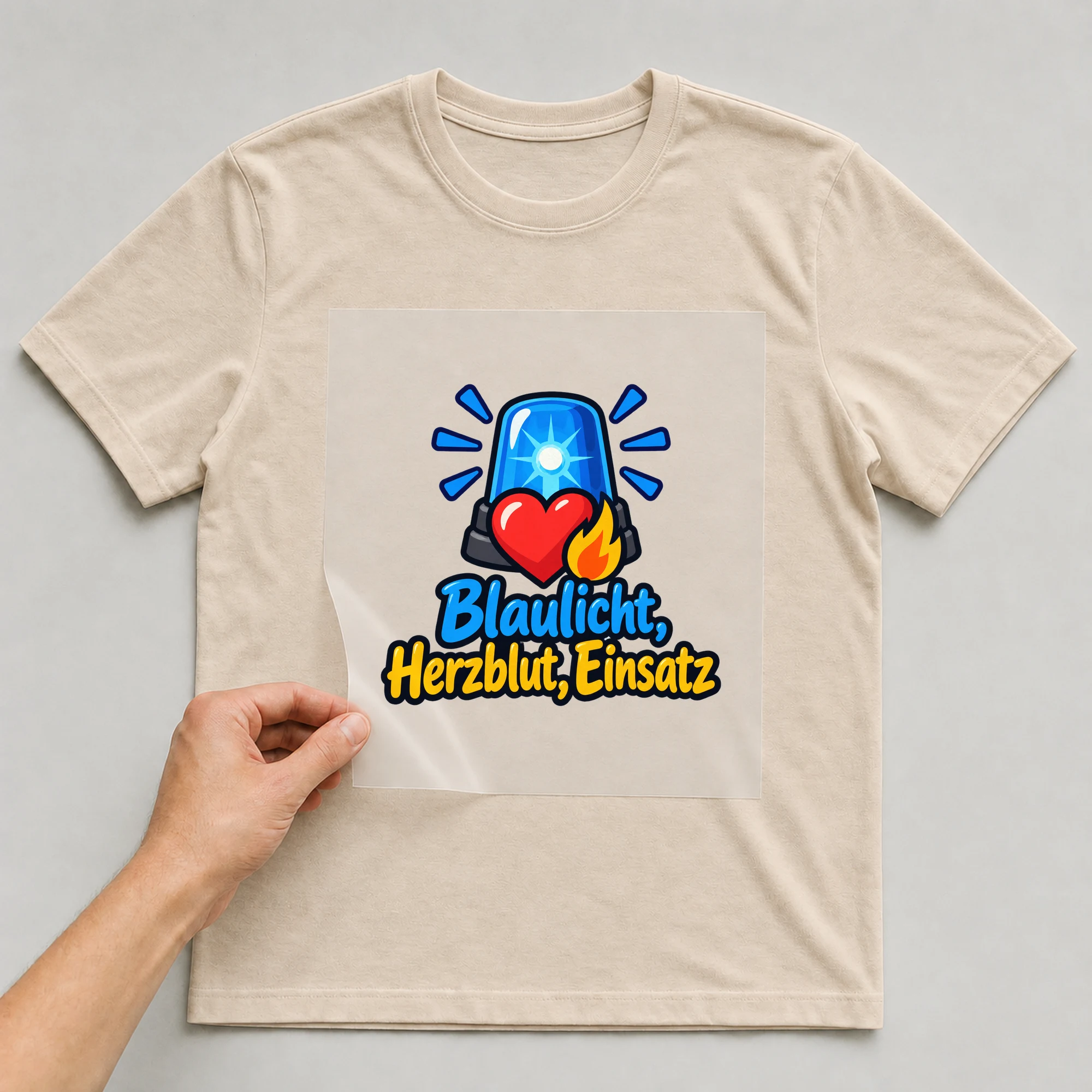 Bügelbild „Blaulicht, Herzblut, Einsatz“ auf beigem T-Shirt, Folie wird aufgelegt