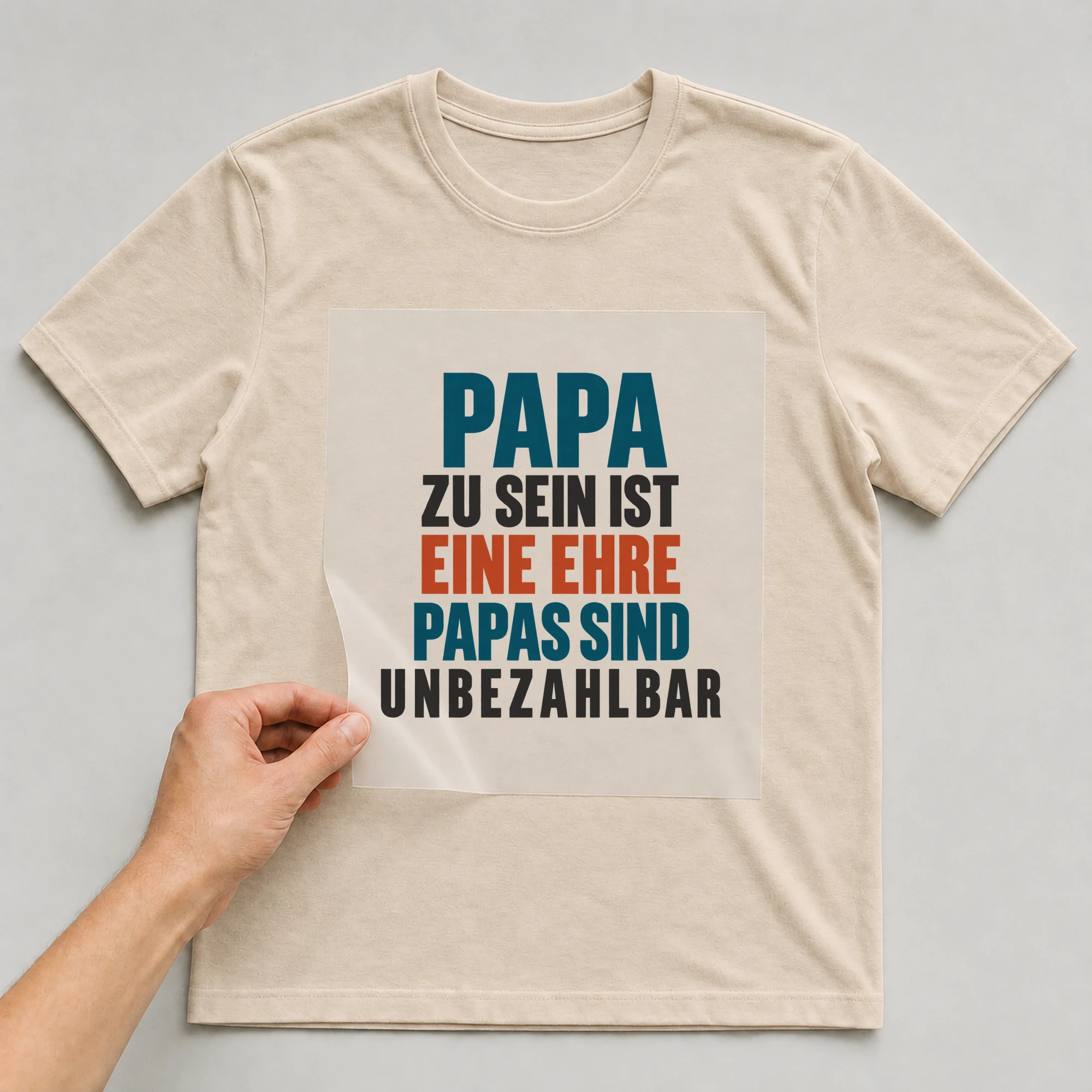 Bügelbild „Papa zu sein ist eine Ehre Papas sind unbezahlbar“ auf beigem T-Shirt, Folie wird aufgelegt