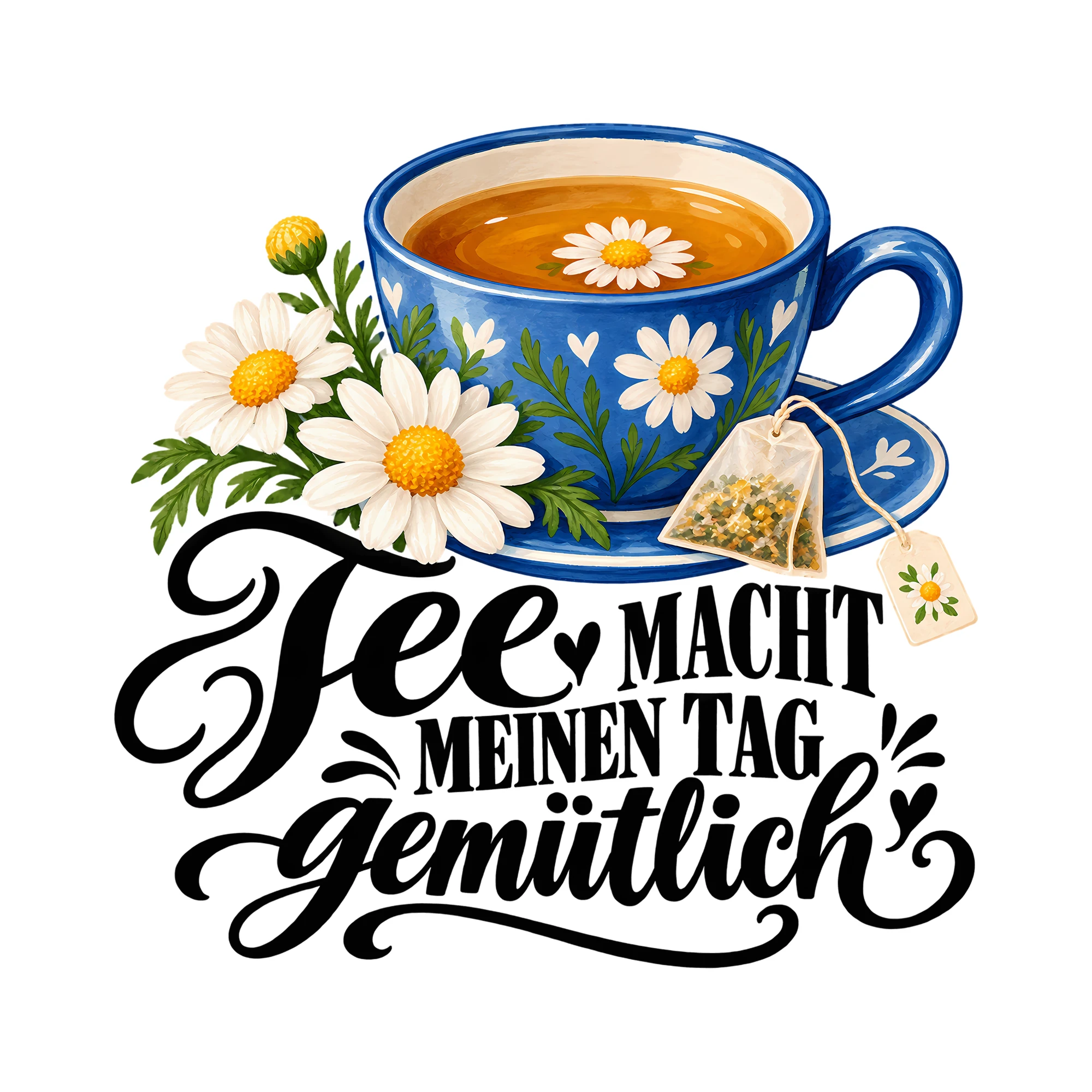 Bügelbild Tee MACHT MEINEN TAG gemütlich als Grafik auf weißem Hintergrund (BB012222)