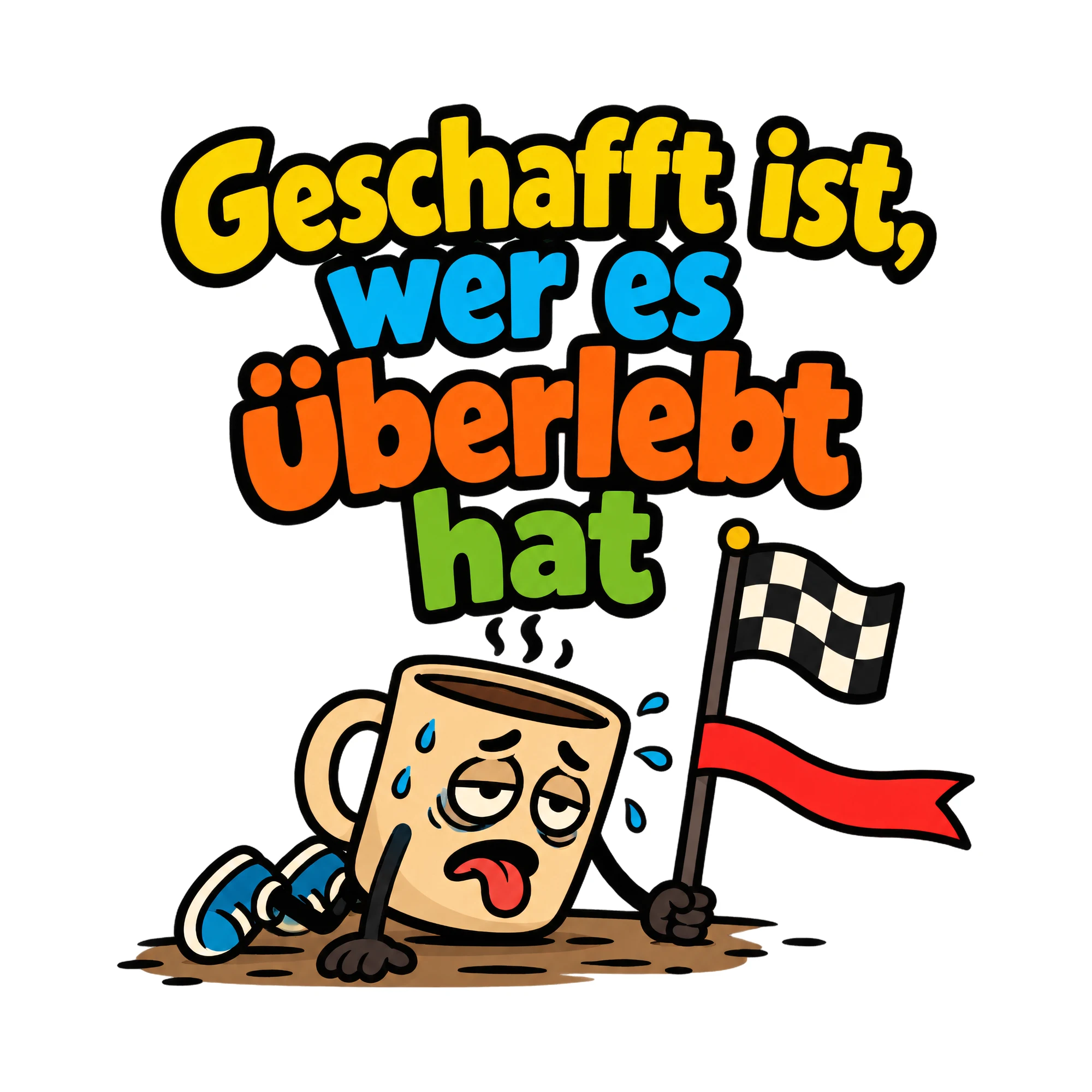 Bügelbild Geschafft ist, wer es überlebt hat als Grafik auf weißem Hintergrund (BB018608)