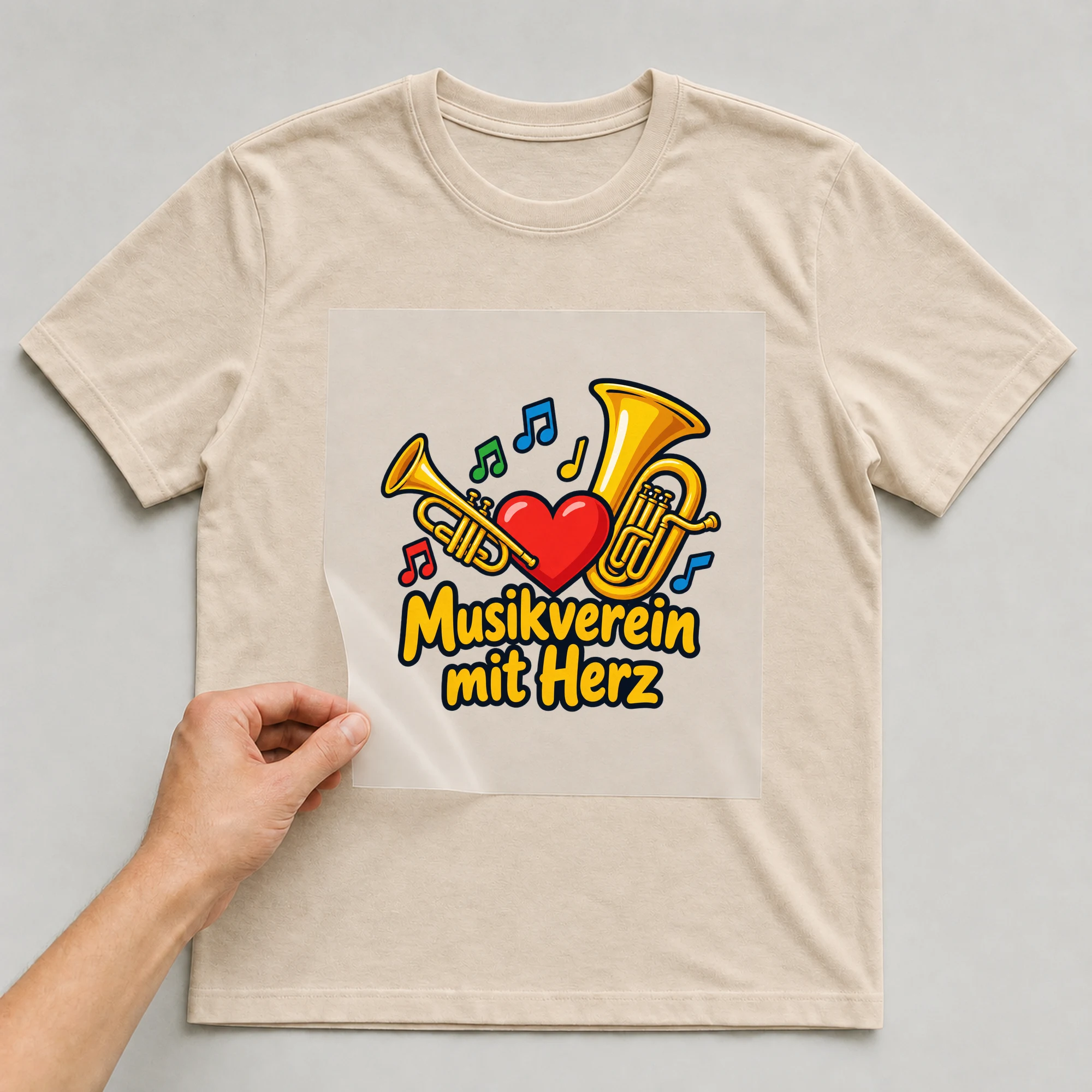 Bügelbild „Musikverein mit Herz“ auf beigem T-Shirt, Folie wird aufgelegt