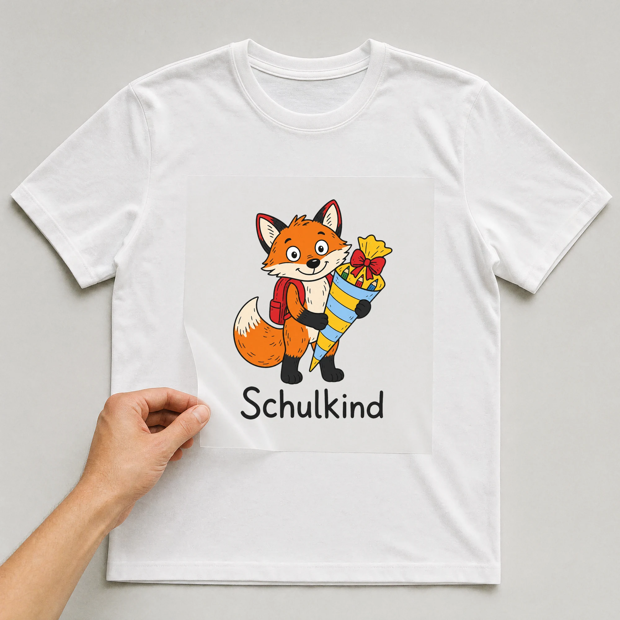 Bügelbild „Fuchs mit Schultüte“ auf weißem T-Shirt, Folie wird aufgelegt