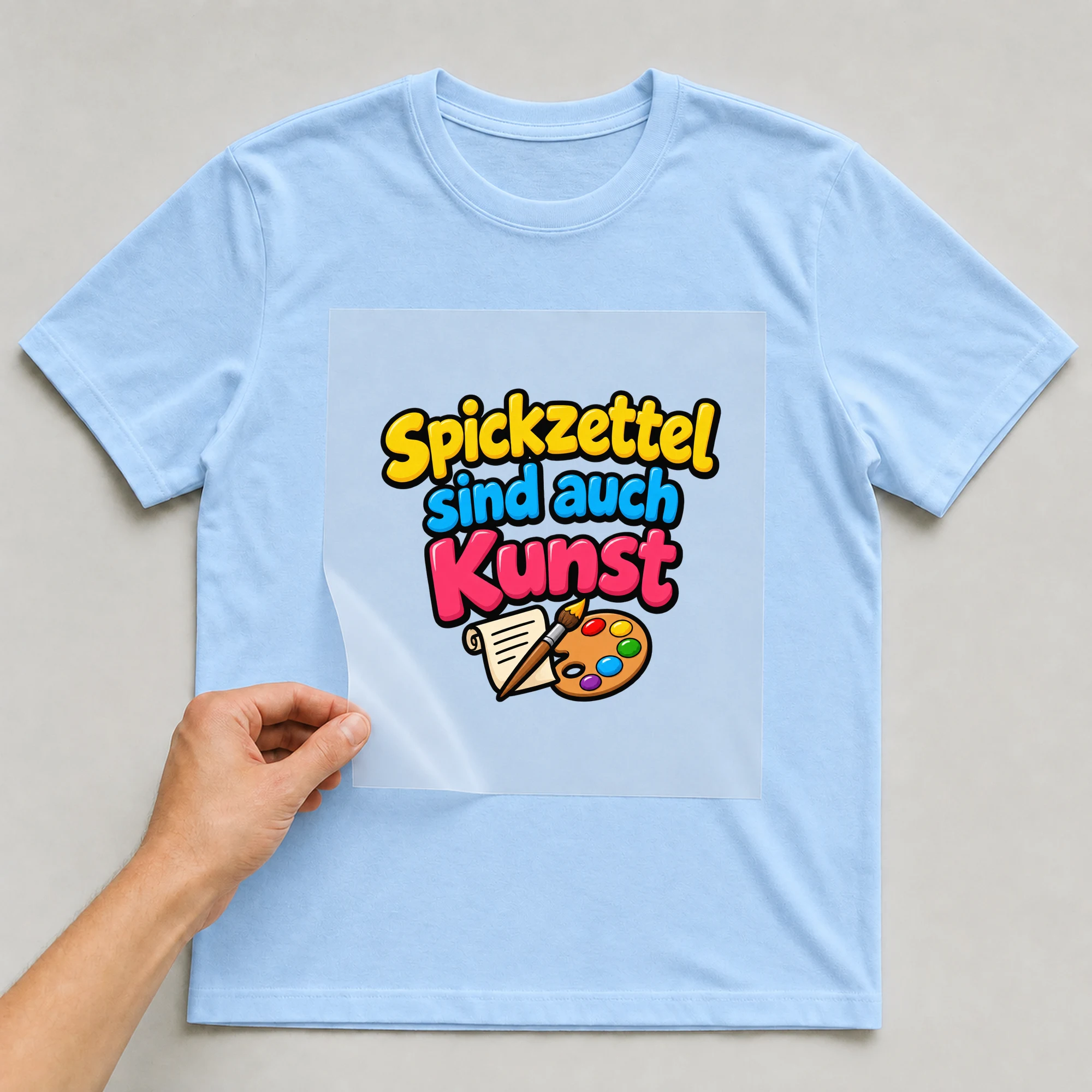 Bügelbild „Spickzettel sind auch Kunst“ auf babyblauem T-Shirt, Folie wird aufgelegt