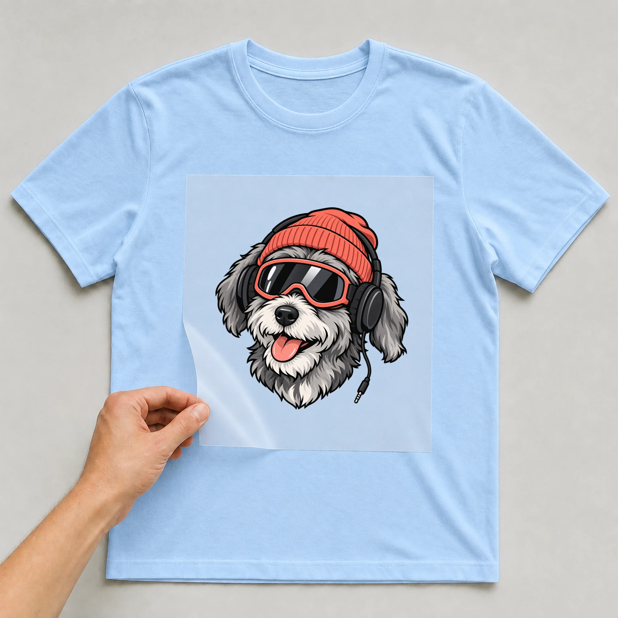 Bügelbild „Cool Dog“ auf babyblauem T-Shirt, Folie wird aufgelegt