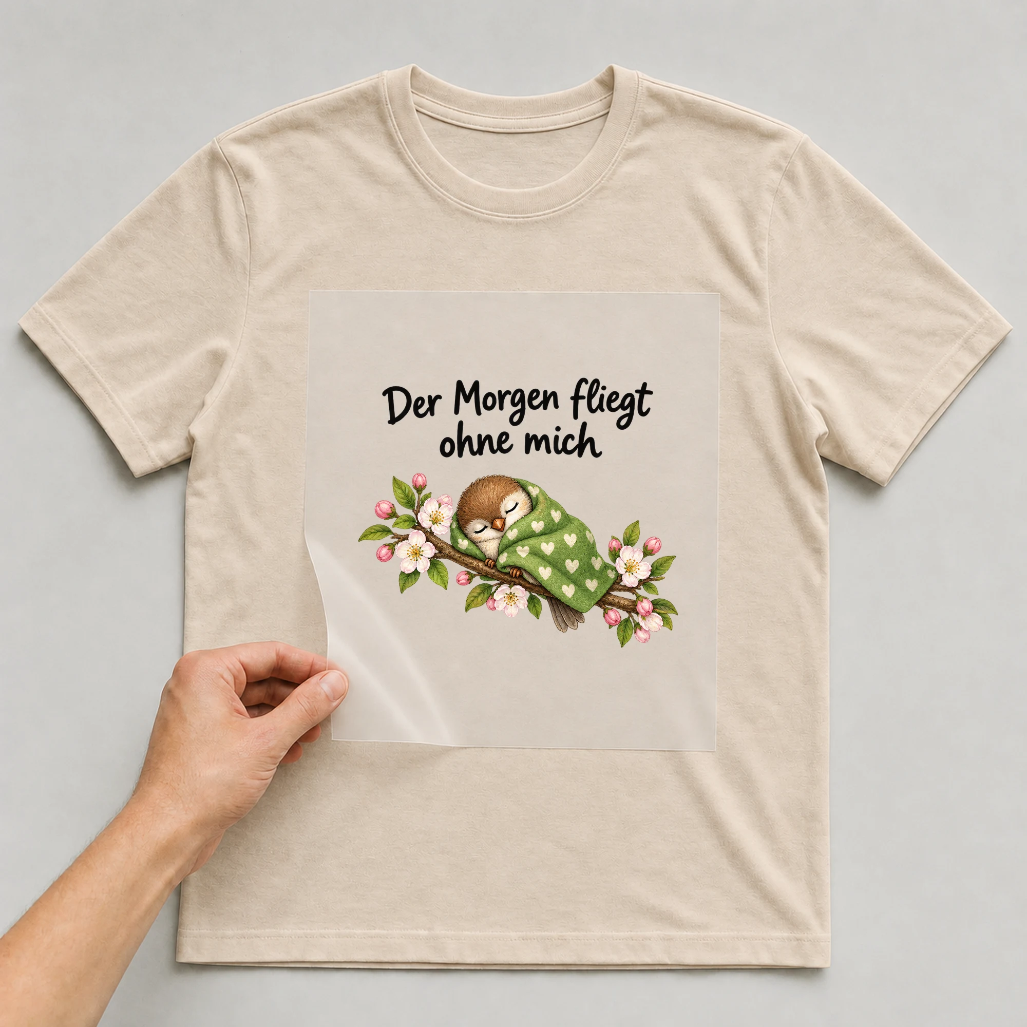 Bügelbild „Der Morgen fliegt ohne mich“ auf beigem T-Shirt, Folie wird aufgelegt
