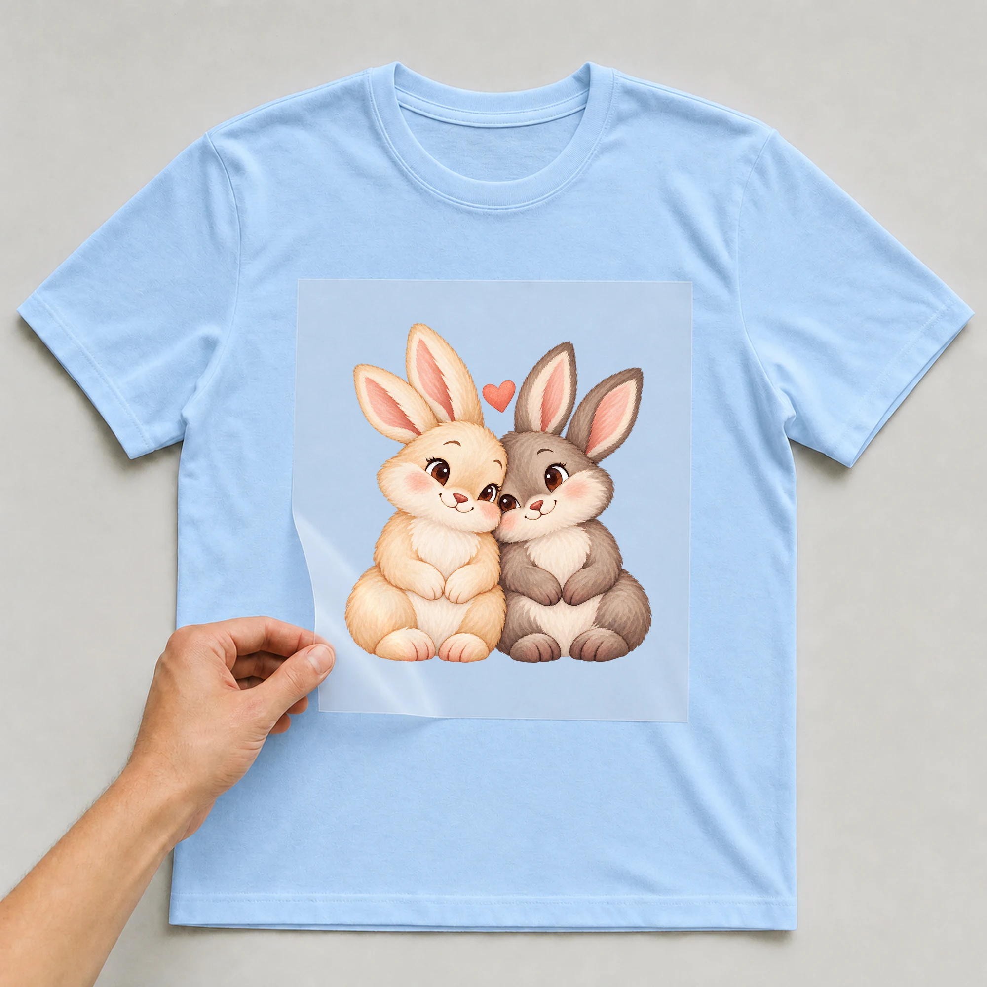 Bügelbild „Love Rabbits Comic“ auf babyblauem T-Shirt, Folie wird aufgelegt