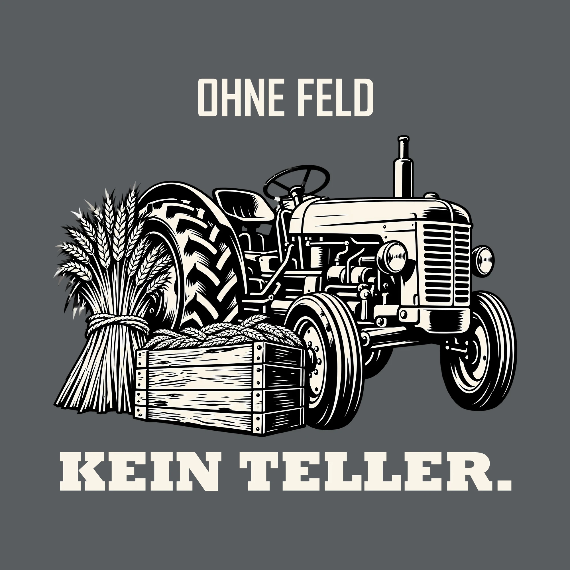 Bügelbild OHNE FELD KEIN TELLER. als Grafik auf dunklem Hintergrund (BB011516)