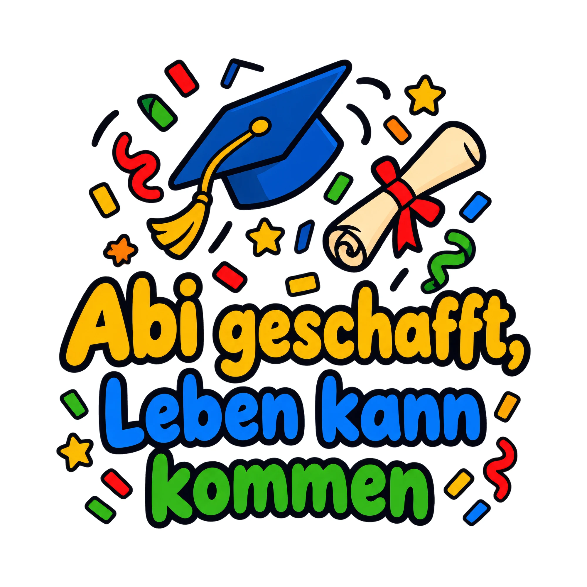 Bügelbild Abi geschafft, Leben kann kommen, Abi Shirt Spruch als Grafik auf weißem Hintergrund (BB020135)