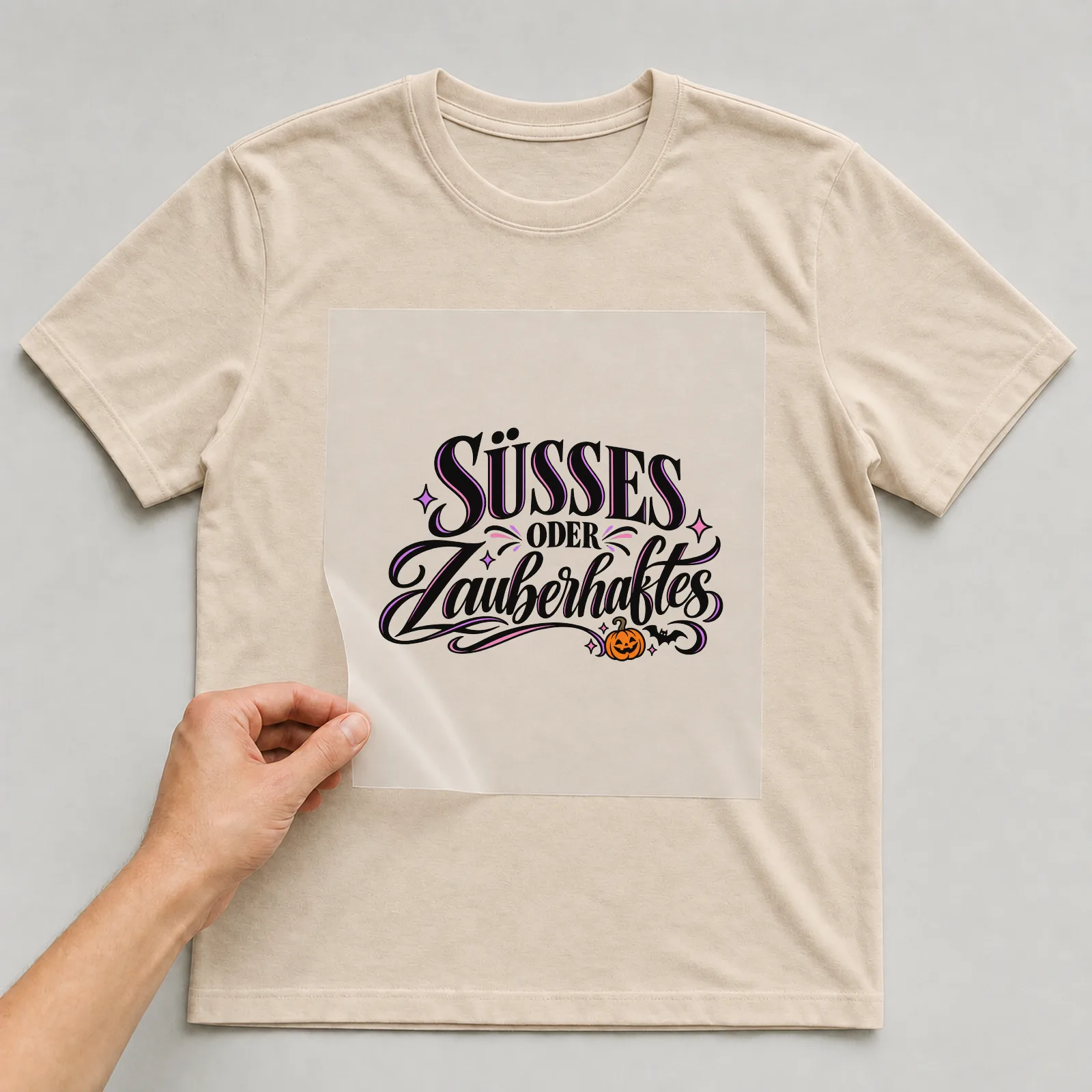 Bügelbild „Süßes oder Zauberhaftes“ auf beigem T-Shirt, Folie wird aufgelegt