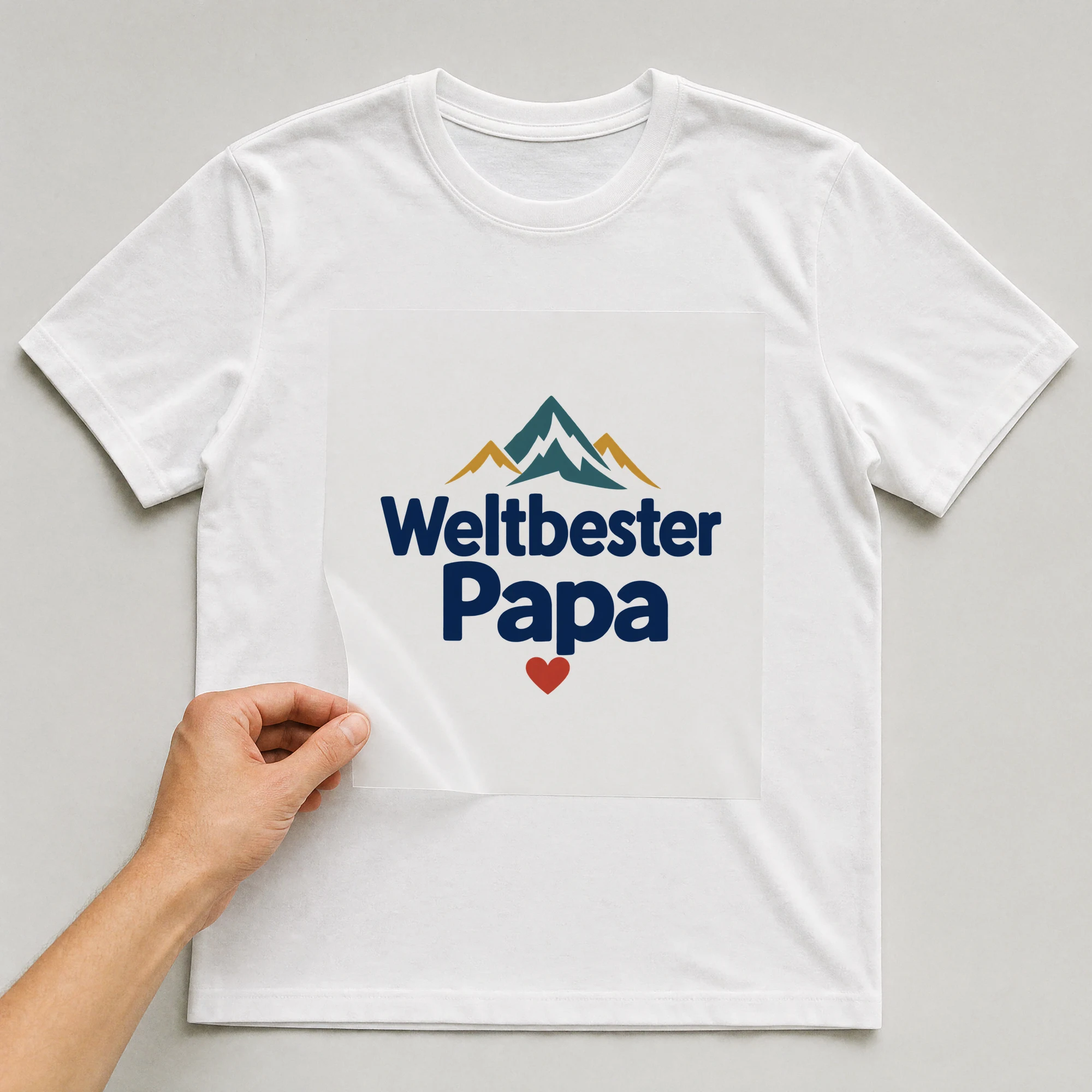 Bügelbild „Weltbester Papa“ auf weißem T-Shirt, Folie wird aufgelegt