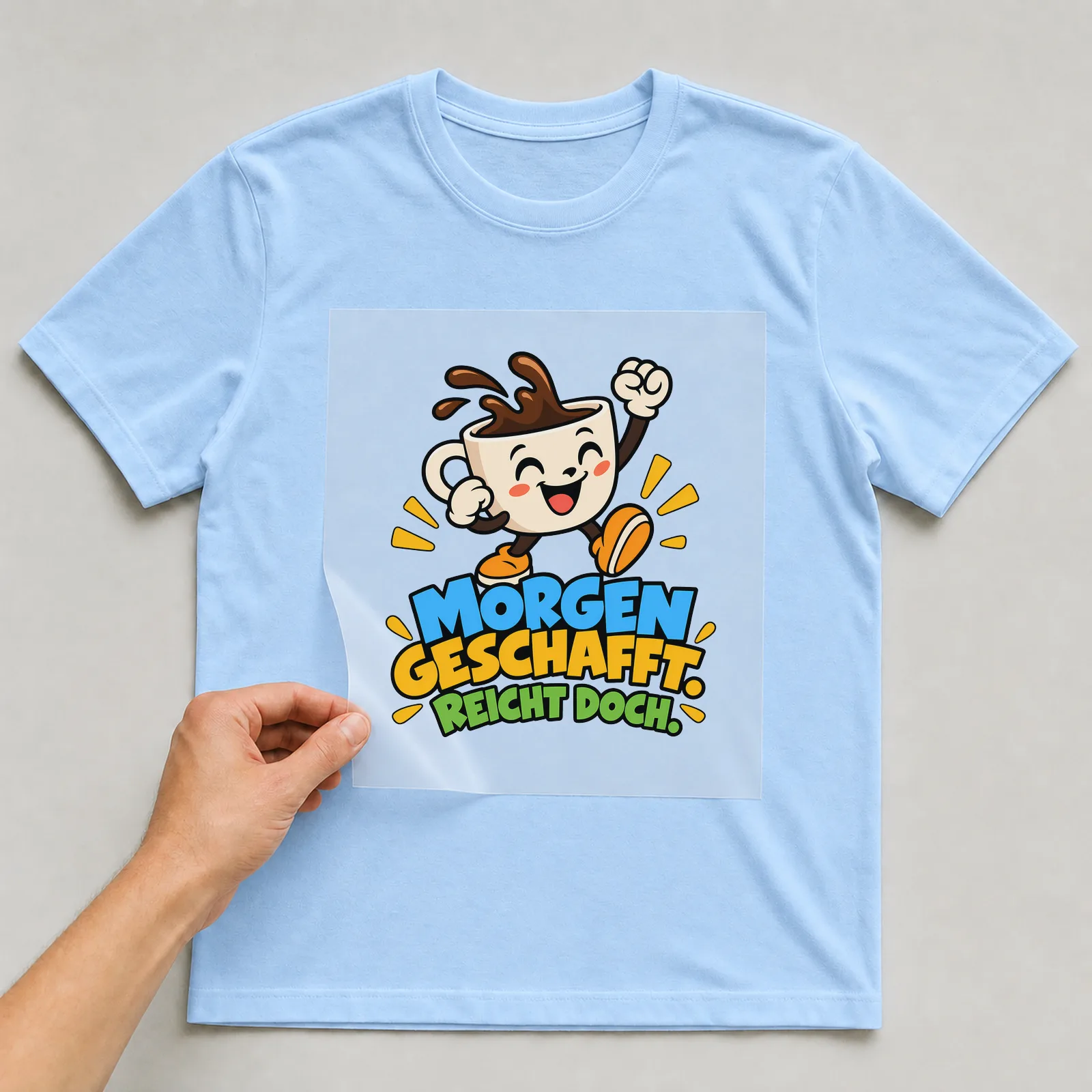 Bügelbild „Morgen geschafft. Reicht doch.“ auf hellblauem T-Shirt, Folie wird aufgelegt