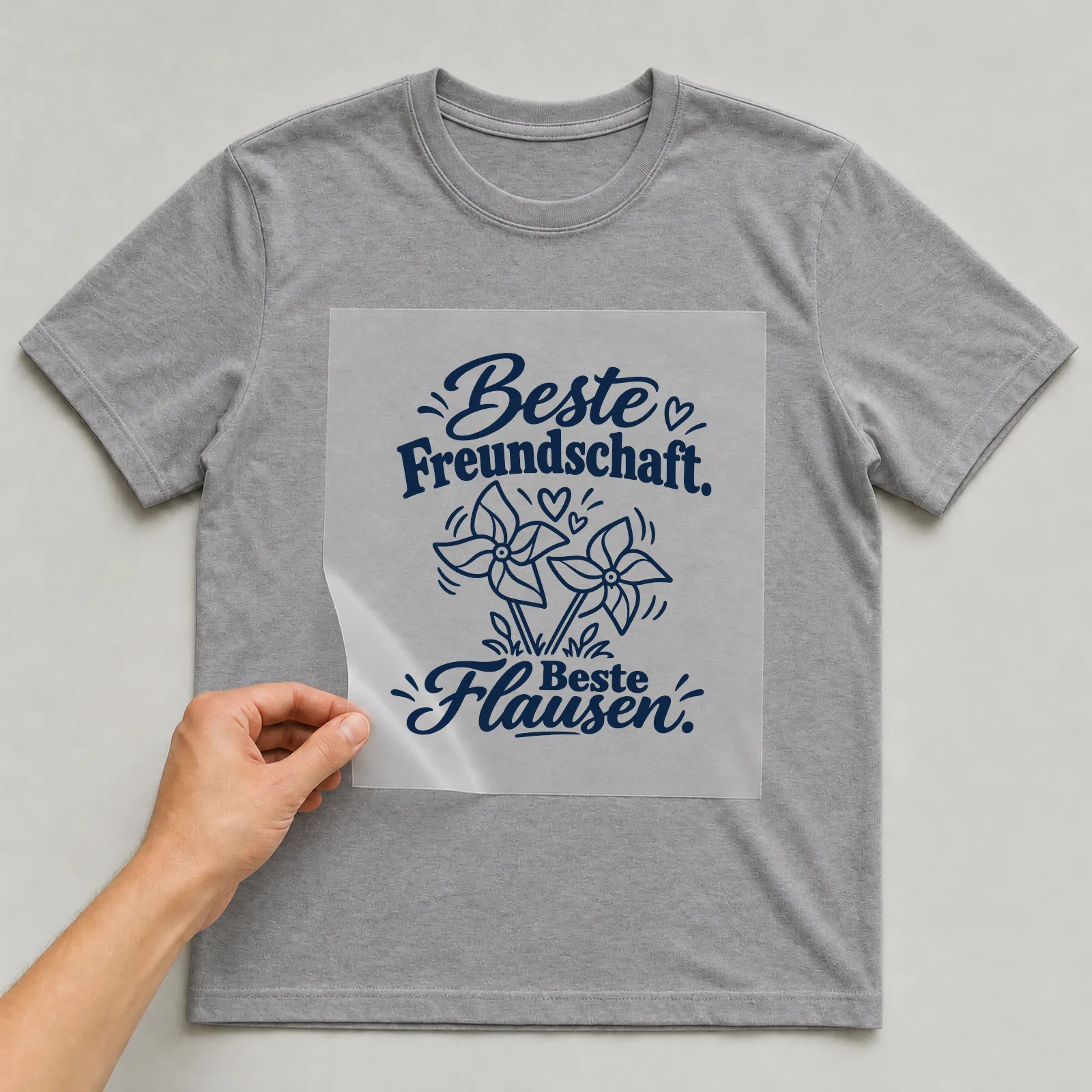 Bügelbild „Beste Freundschaft. Beste Flausen.“ auf grauem T-Shirt, Folie wird aufgelegt