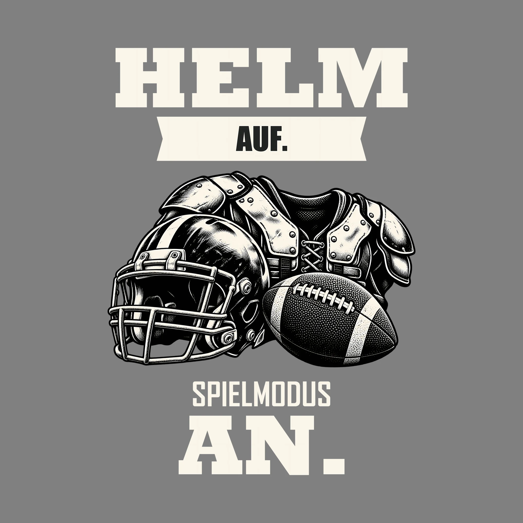 Bügelbild HELM AUF. SPIELMODUS AN. als Grafik auf dunklem Hintergrund (BB013703)