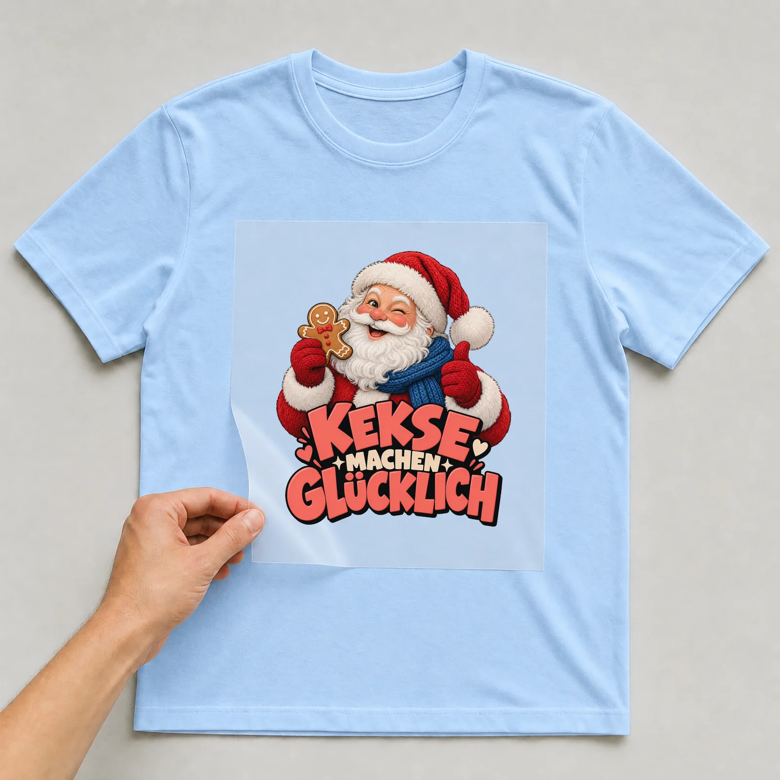 Bügelbild „Kekse machen glücklich“ auf hellblauem T-Shirt, Folie wird aufgelegt