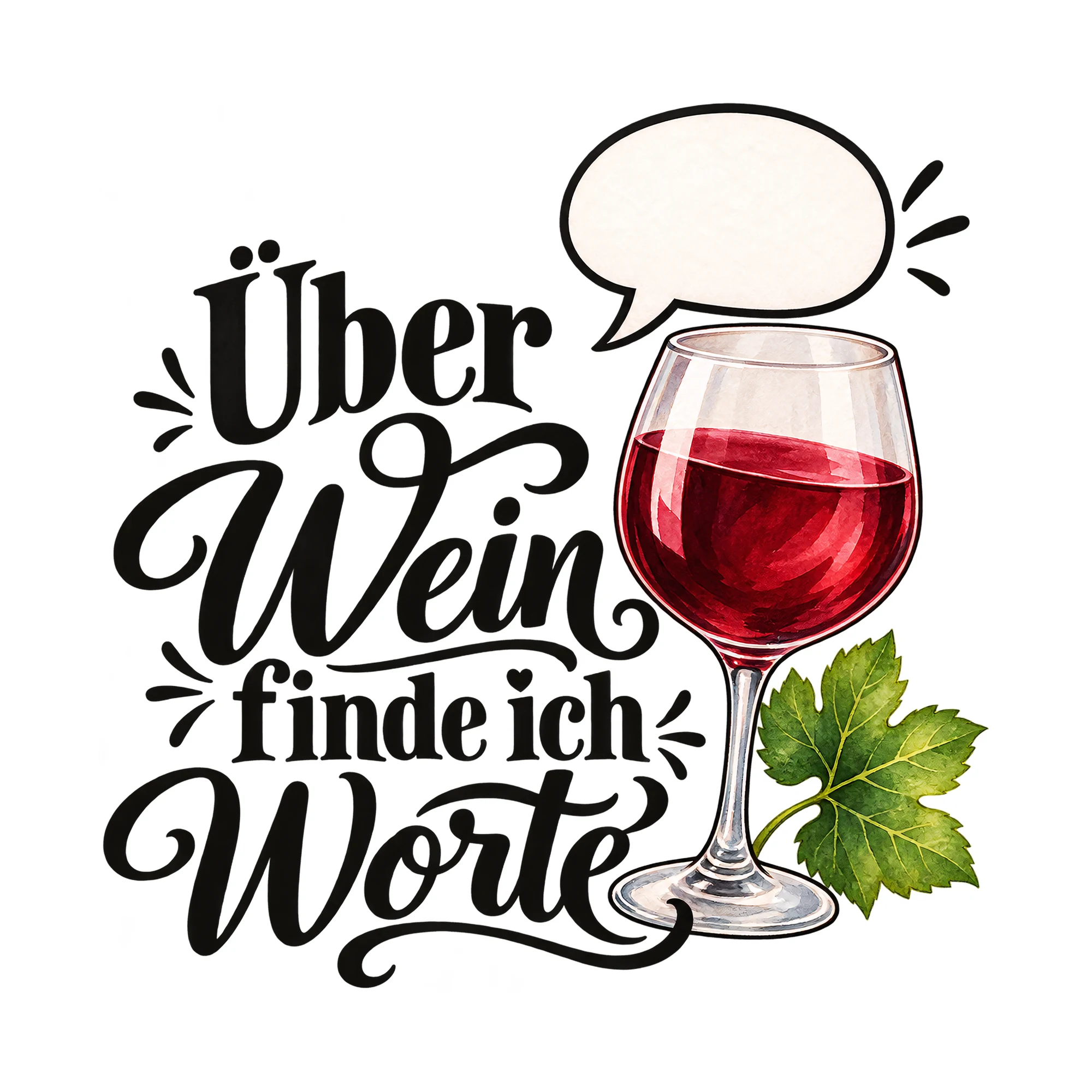 Bügelbild Über Wein finde ich Worte als Grafik auf weißem Hintergrund (BB011924)