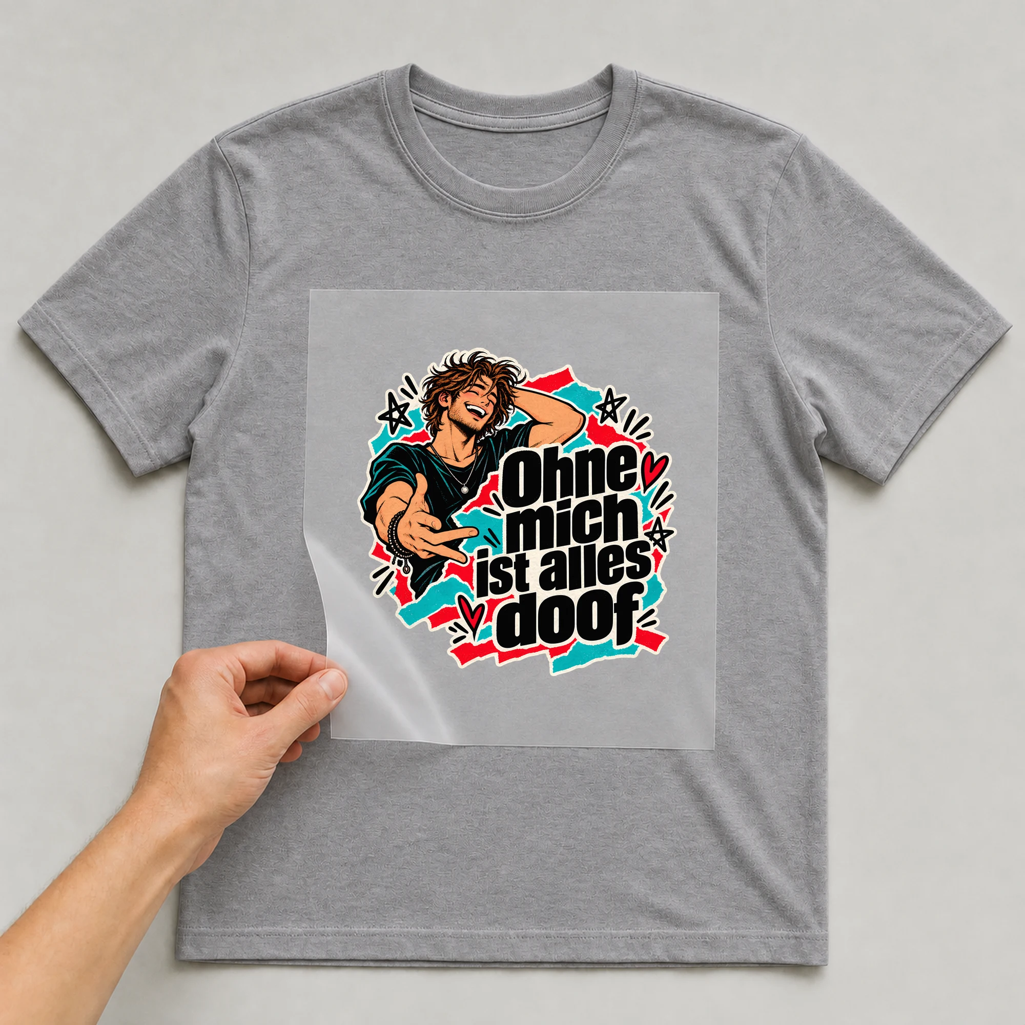 Bügelbild „Ohne mich ist alles doof“ auf grauem T-Shirt, Folie wird aufgelegt