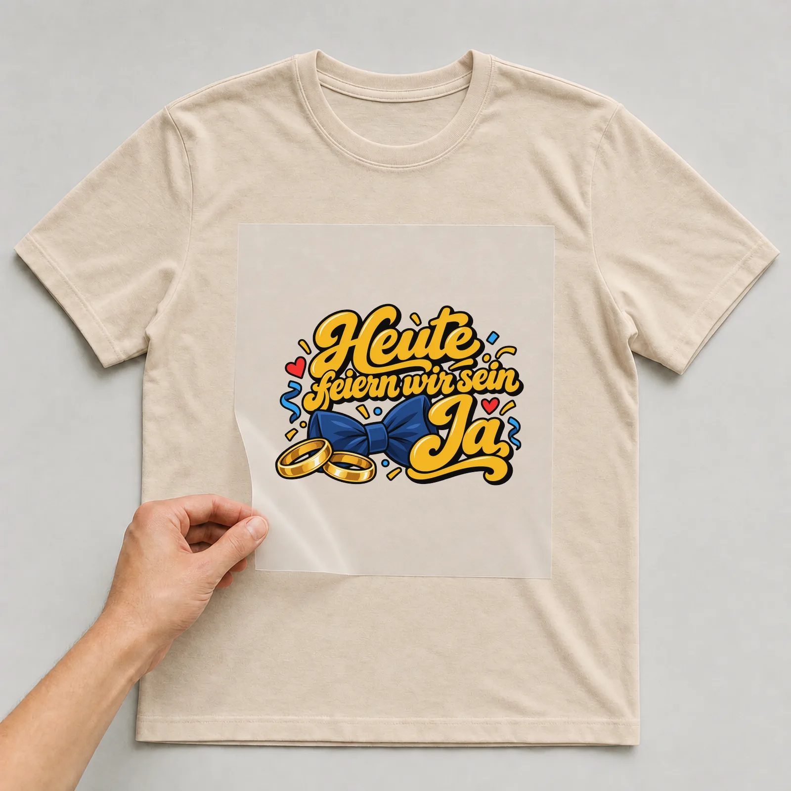 Bügelbild „Heute feiern wir sein Ja“ (knallbunten Comic-Stil) auf beigem T-Shirt, Folie wird aufgelegt