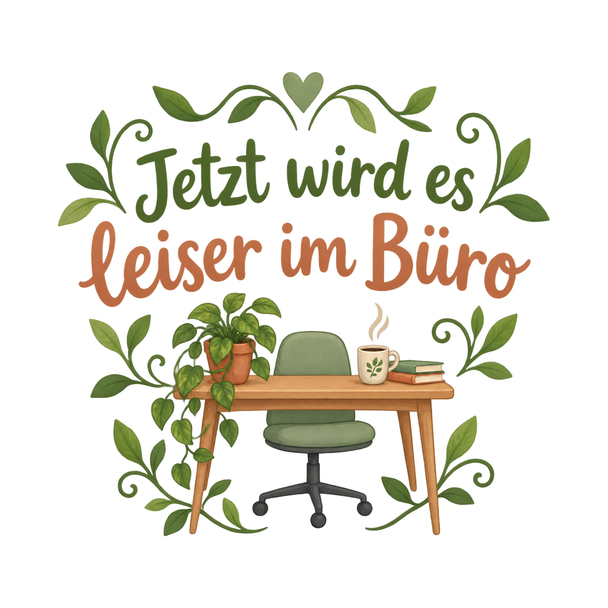 Bügelbild Jetzt wird es leiser im Büro als Grafik auf weißem Hintergrund (BB020770)
