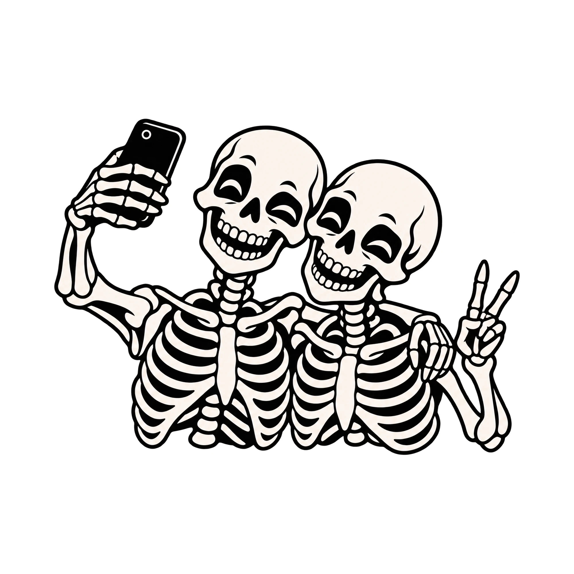 Bügelbild Skelett Selfie, Lustiger Shirt Motiv als Grafik auf weißem Hintergrund (BB015687)