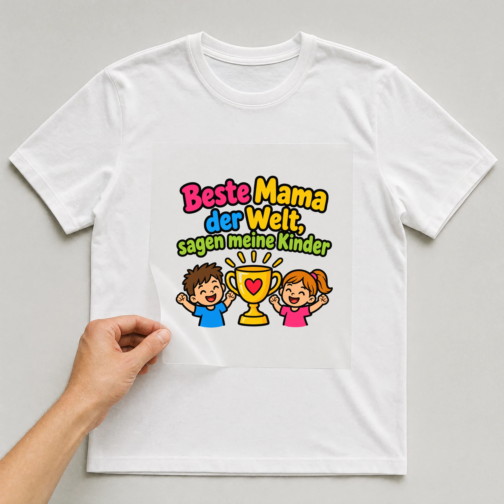 Bügelbild „Beste Mama der Welt, sagen meine Kinder“ auf weißem T-Shirt, Folie wird aufgelegt