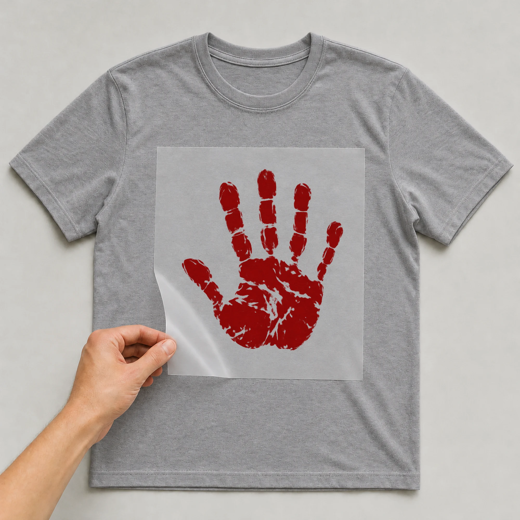 Bügelbild „Blutiger Handabdruck“ auf grauem T-Shirt, Folie wird aufgelegt
