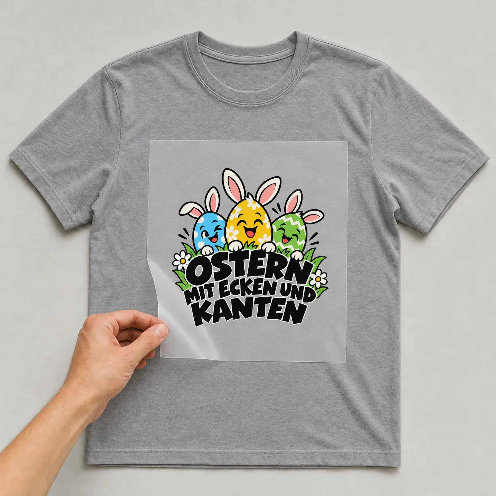 Bügelbild „Ostern mit Ecken und kanten“ auf grauem T-Shirt, Folie wird aufgelegt