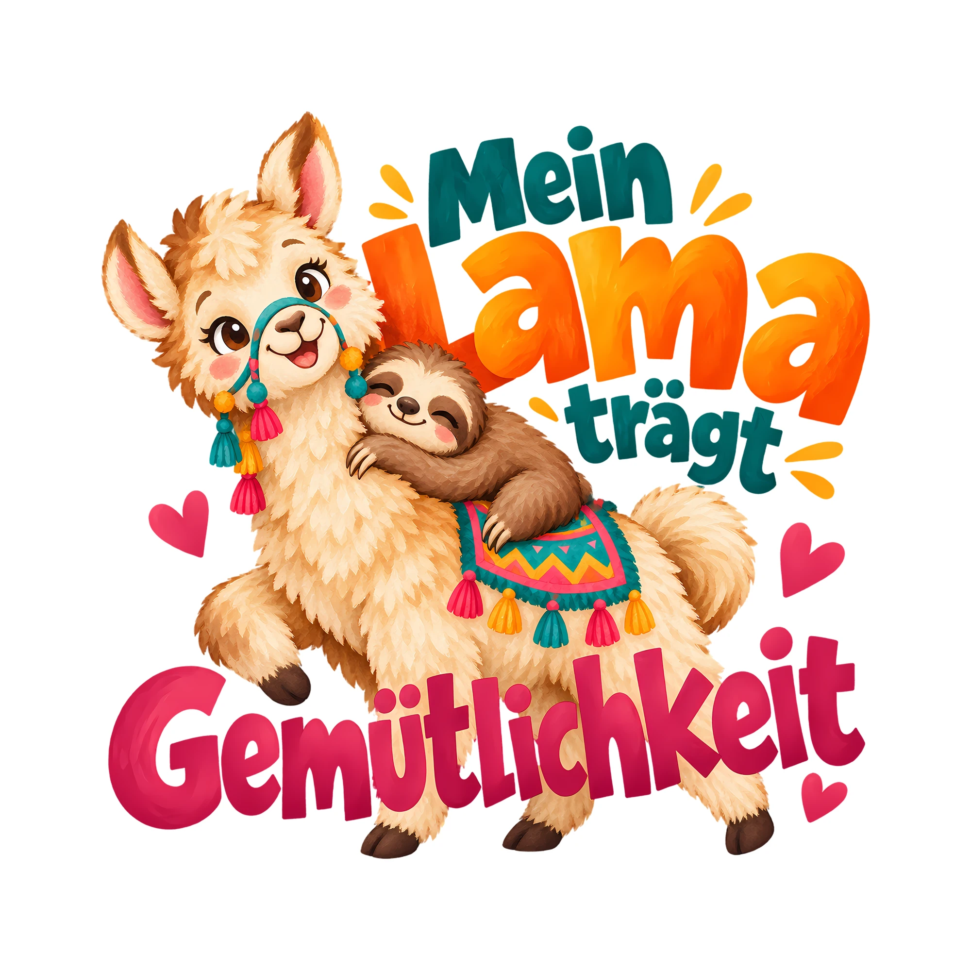 Bügelbild Mein Lama trägt Gemütlichkeit als Grafik auf weißem Hintergrund (BB013016)
