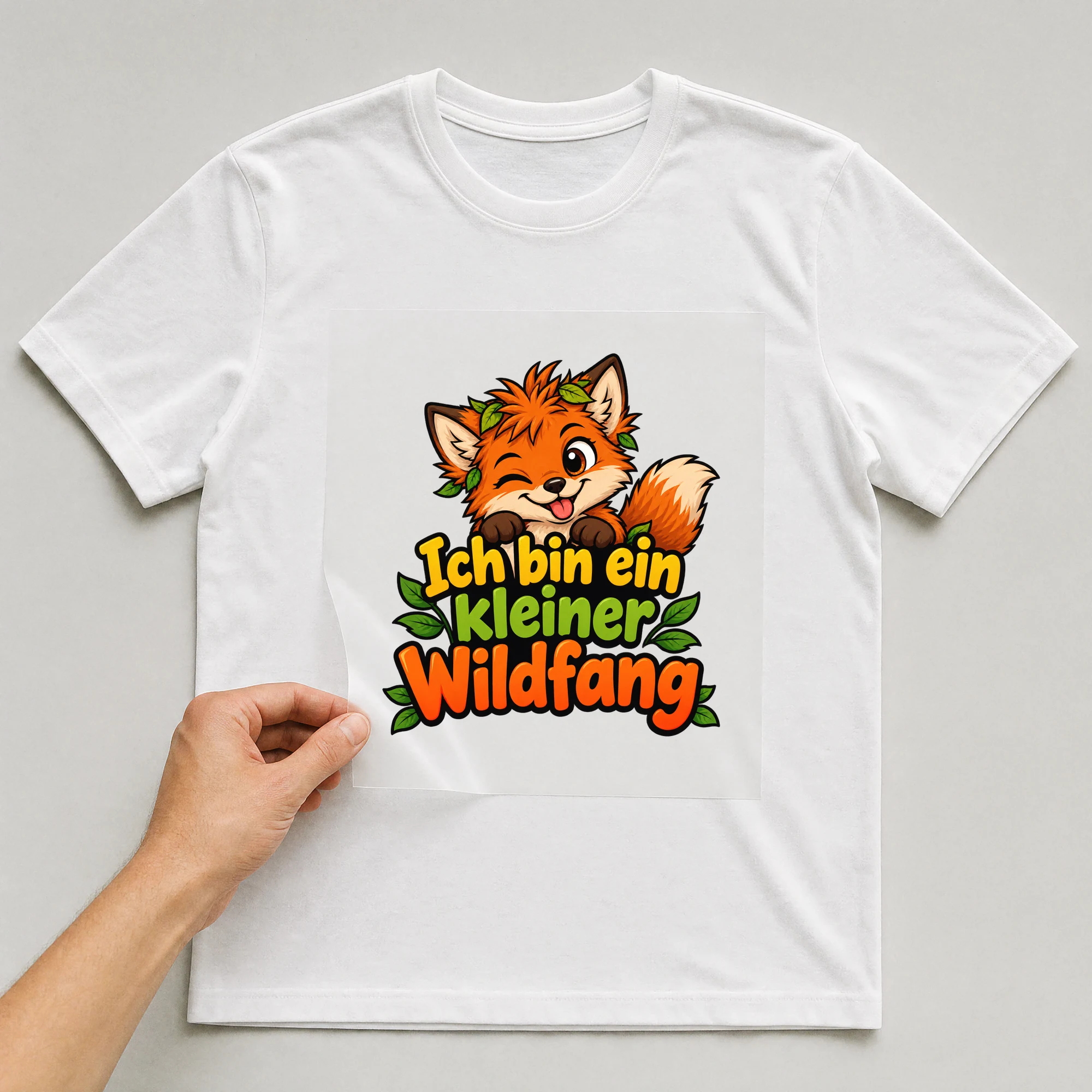 Bügelbild „Ich bin ein kleiner Wildfang“ auf weißem T-Shirt, Folie wird aufgelegt
