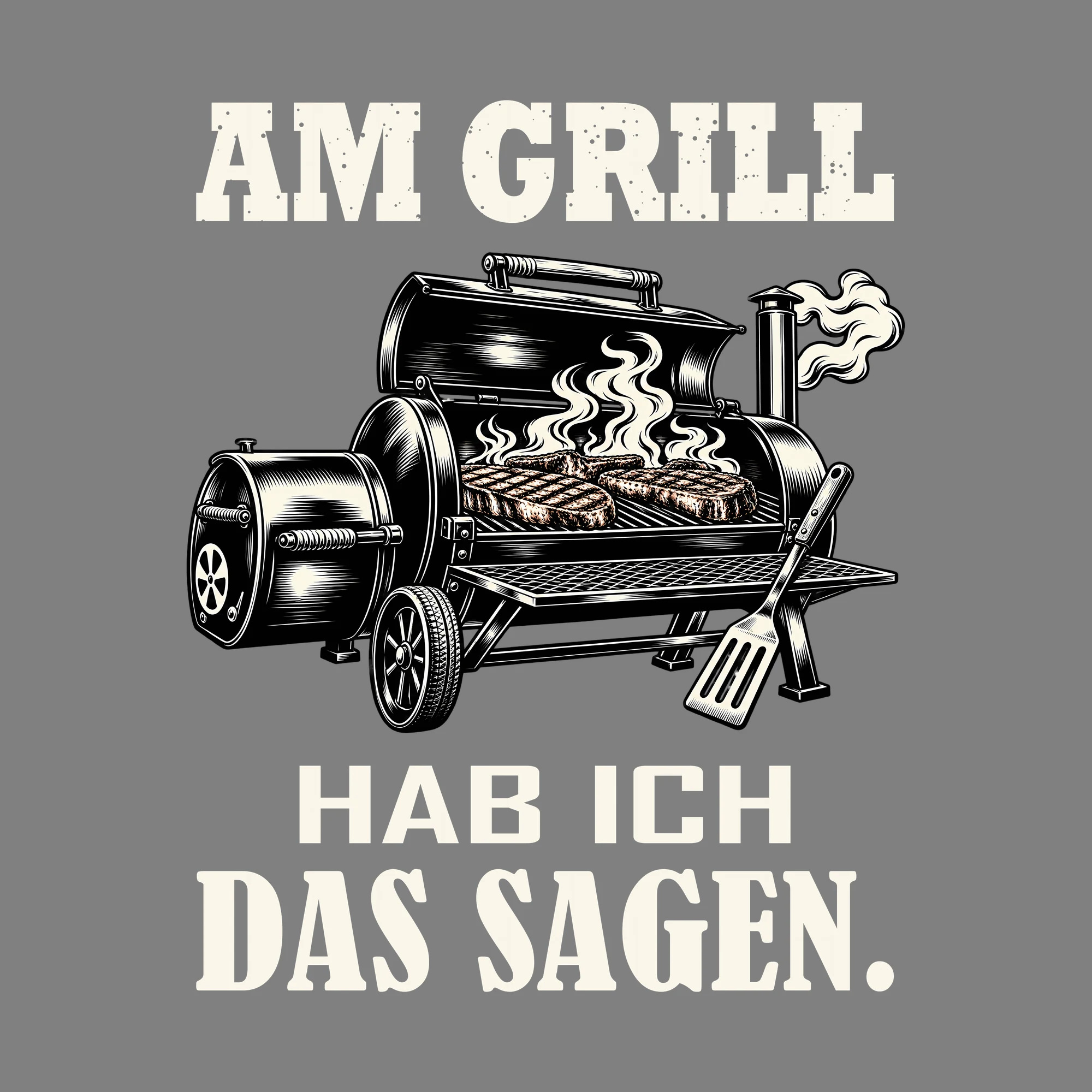 Bügelbild AM GRILL HAB ICH DAS SAGEN. als Grafik auf dunklem Hintergrund (BB012036)