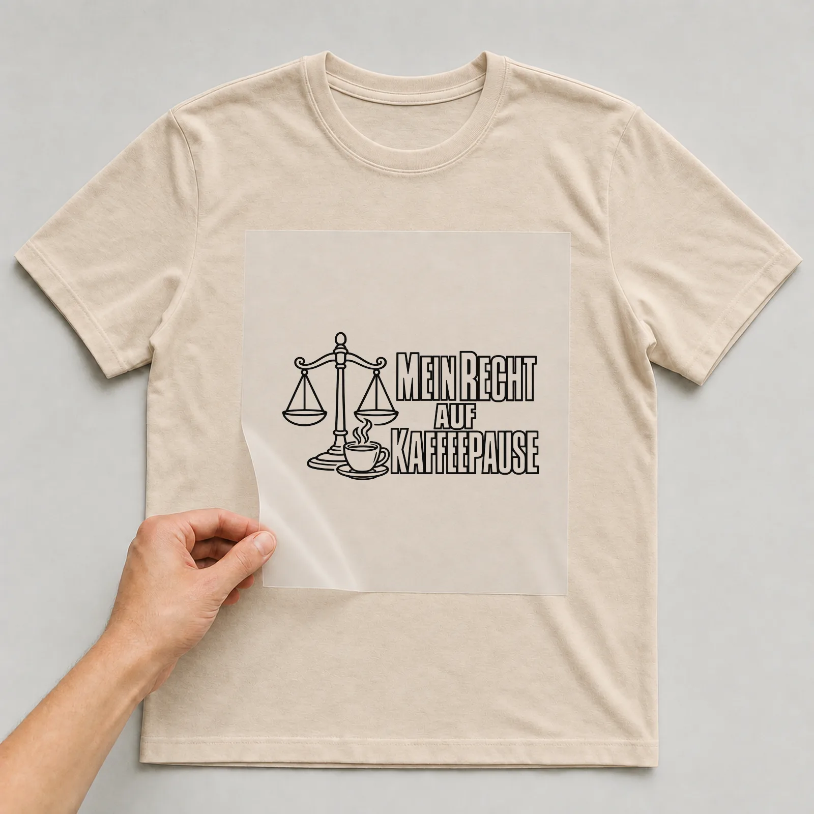 Bügelbild „Mein recht auf Kaffeepause“ auf beigem T-Shirt, Folie wird aufgelegt
