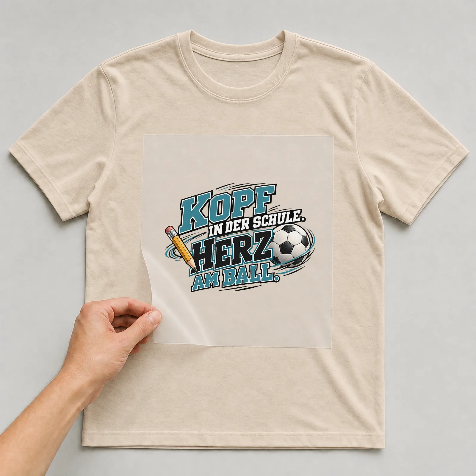 Bügelbild „Kopf in der Schule. Herz am Ball.“ auf beigem T-Shirt, Folie wird aufgelegt