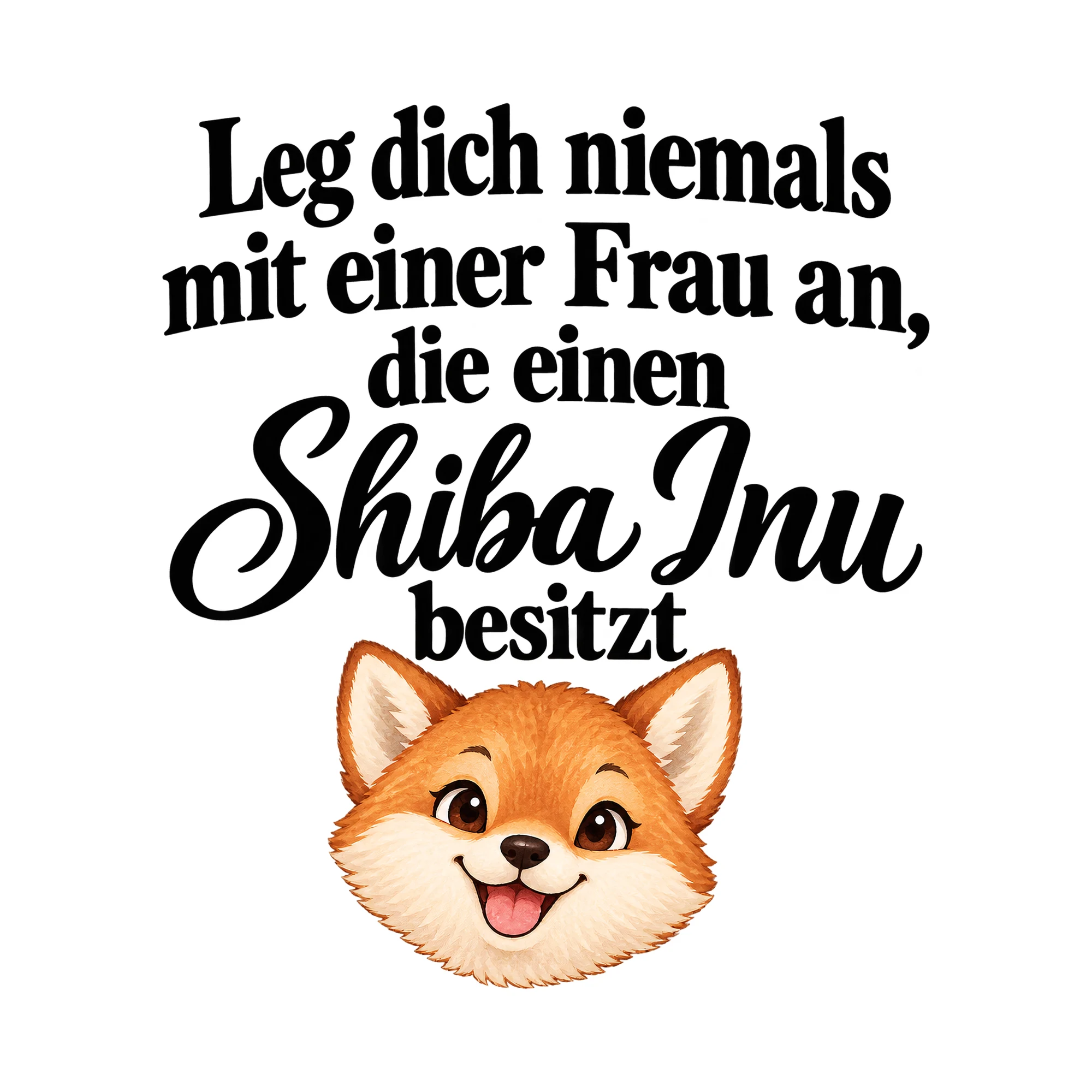 Bügelbild Leg dich niemals mit einer Frau an, die einen Shiba Inu besitzt als Grafik auf weißem Hintergrund (BB015939)