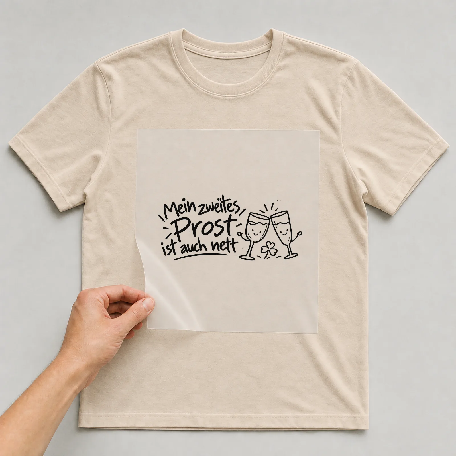 Bügelbild „Mein zweites Prost ist auch nett“ auf beigem T-Shirt, Folie wird aufgelegt