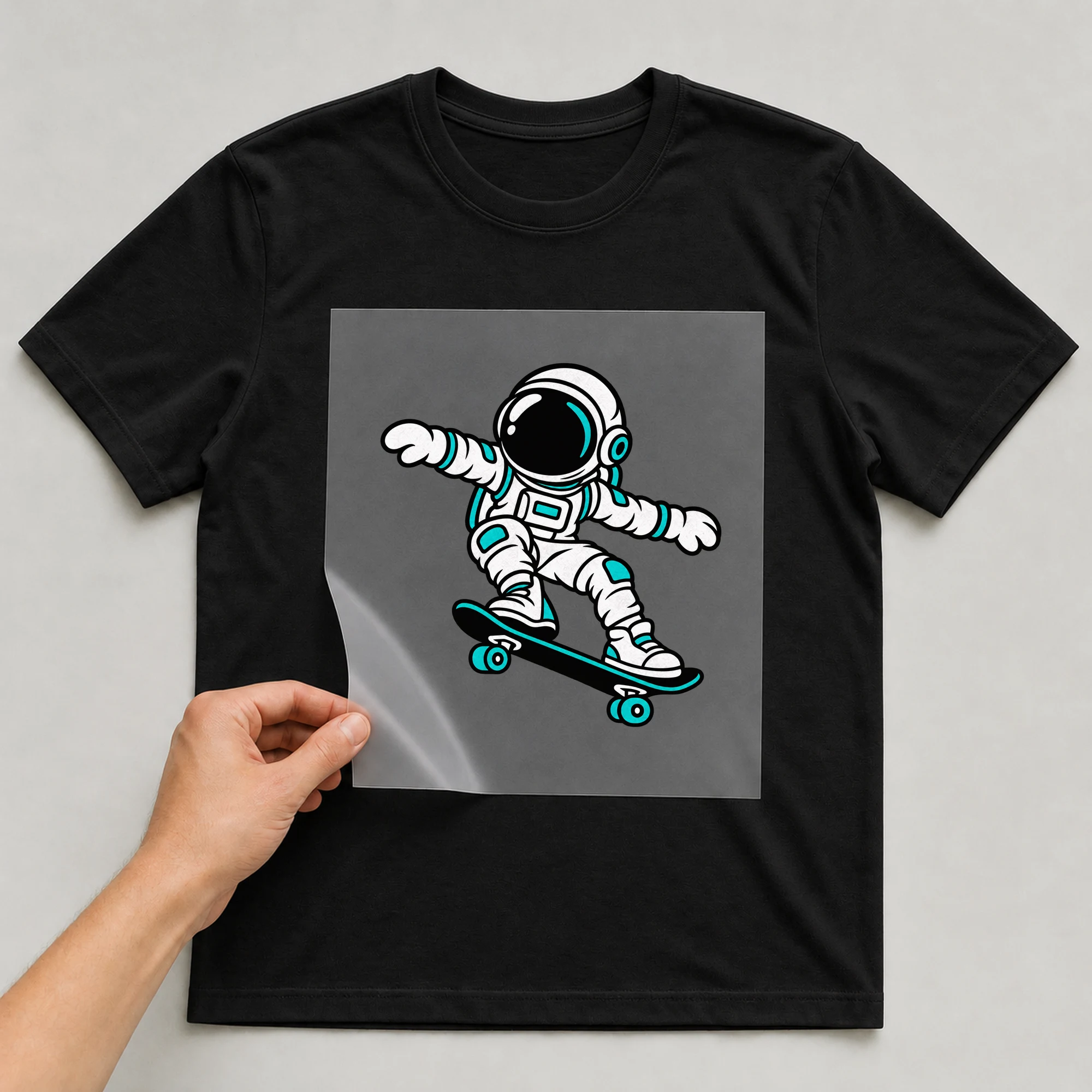 Bügelbild „Space Skater“ auf schwarzem T-Shirt, Folie wird aufgelegt