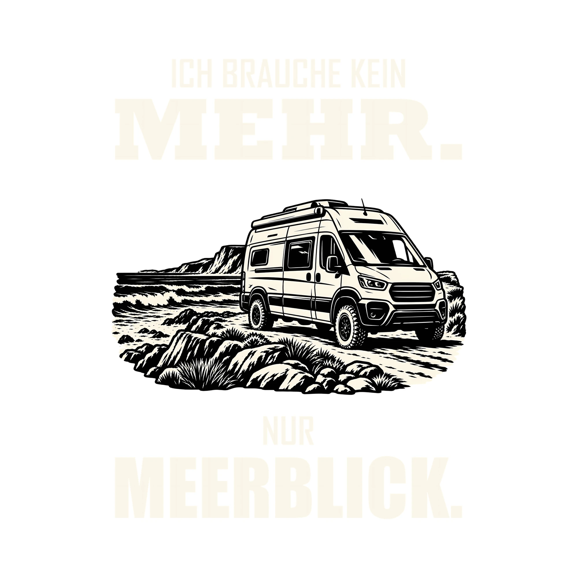 Bügelbild ICH BRAUCHE KEIN MEHR. NUR MEERBLICK. als Grafik auf weißem Hintergrund (BB012748)